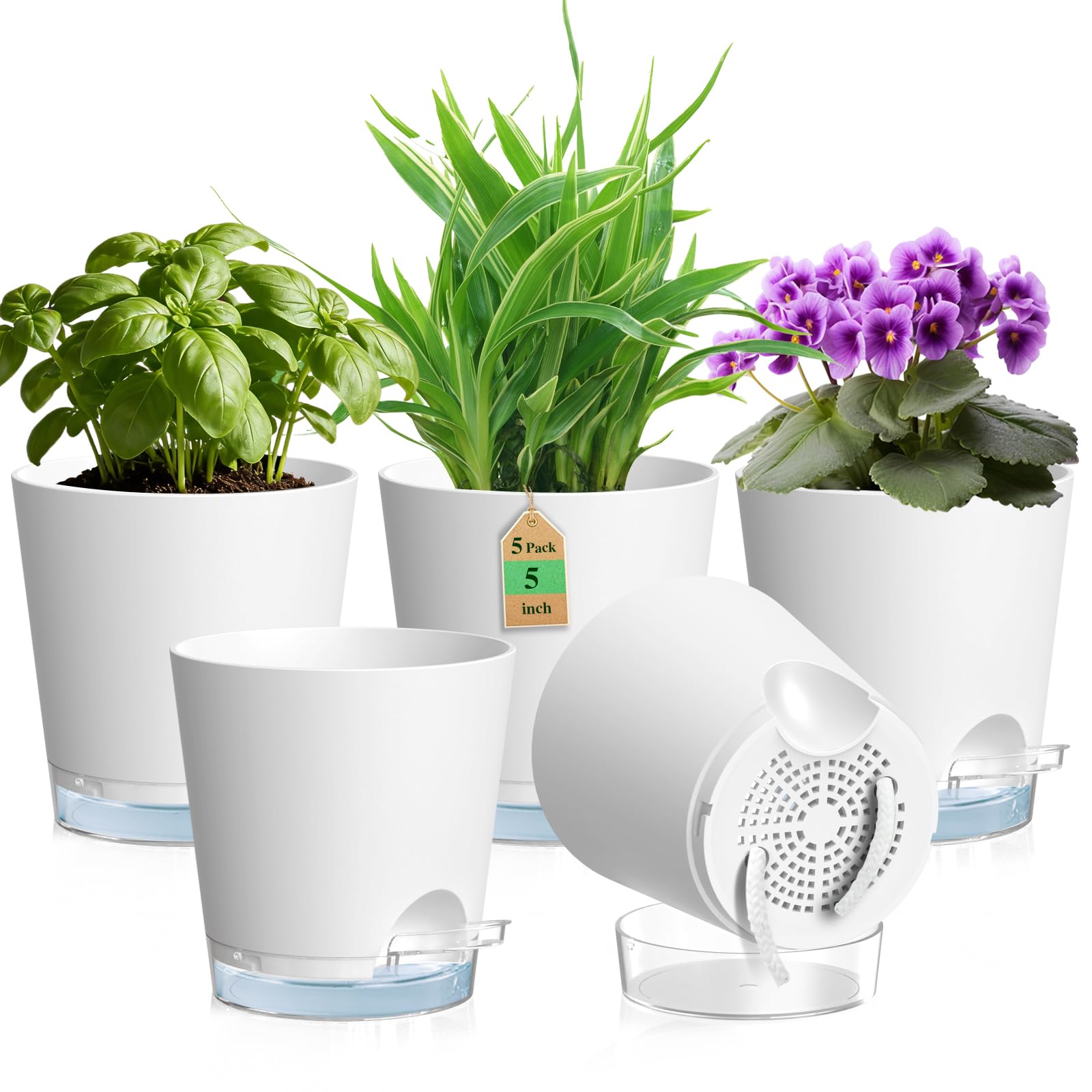 WSMKSZ 12.7 cm Self Watering Plant Pots Indoor, 5 Pack Thick Plastic Flower Pots with Clear Reservoir, Visible Water Level & Drainage Holes, Small Nursery Pots with Cotton Wick for House Plants, White