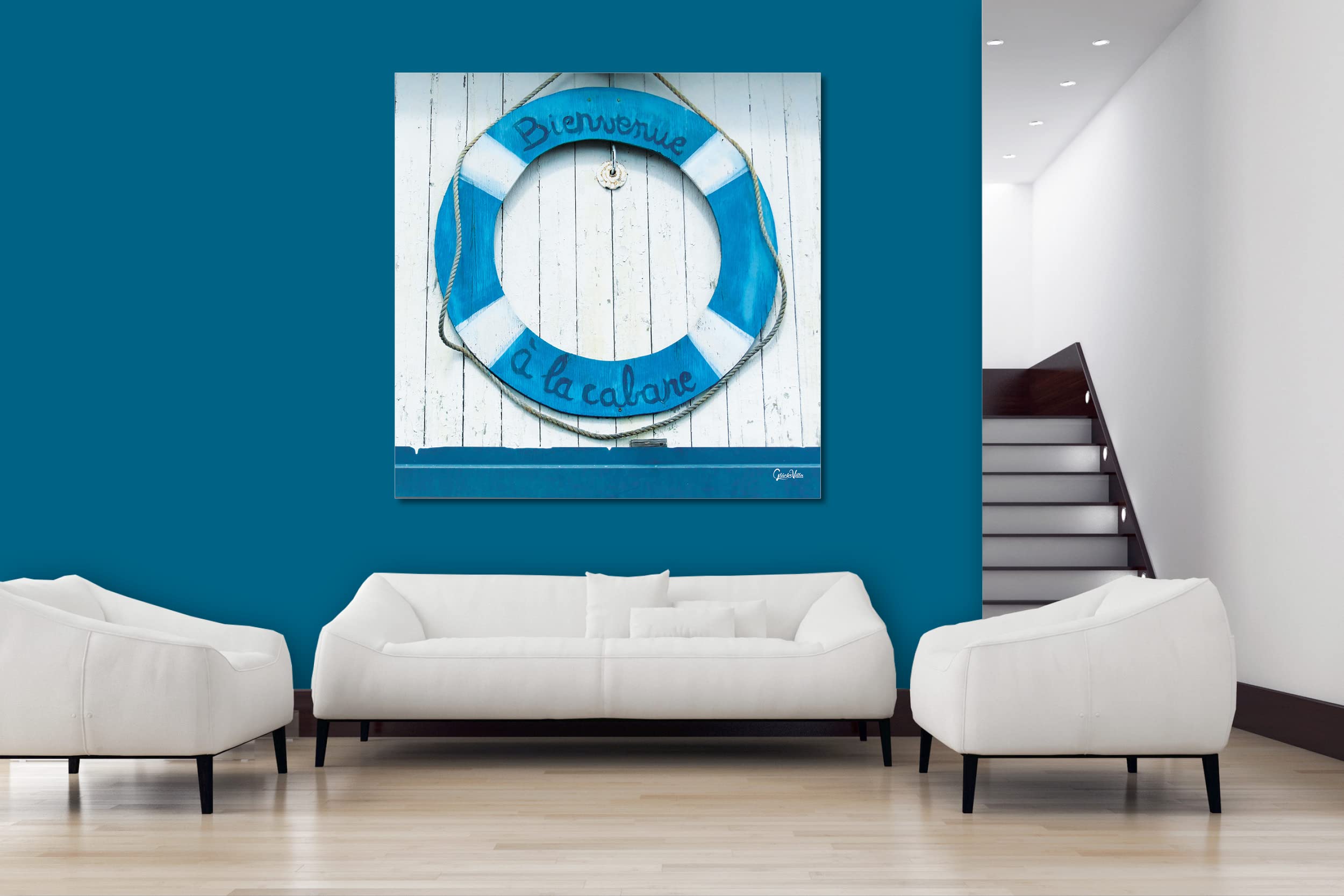 Glücksvilla - Bienvenue - (Leinwand-Bild 2 cm, 100 x 100 cm) | div. Maße - aus DE - Kunstdruck XXL Deko Wandbild Quadrat - Rettungsring Frankreich Fischer-Hütte maritim
