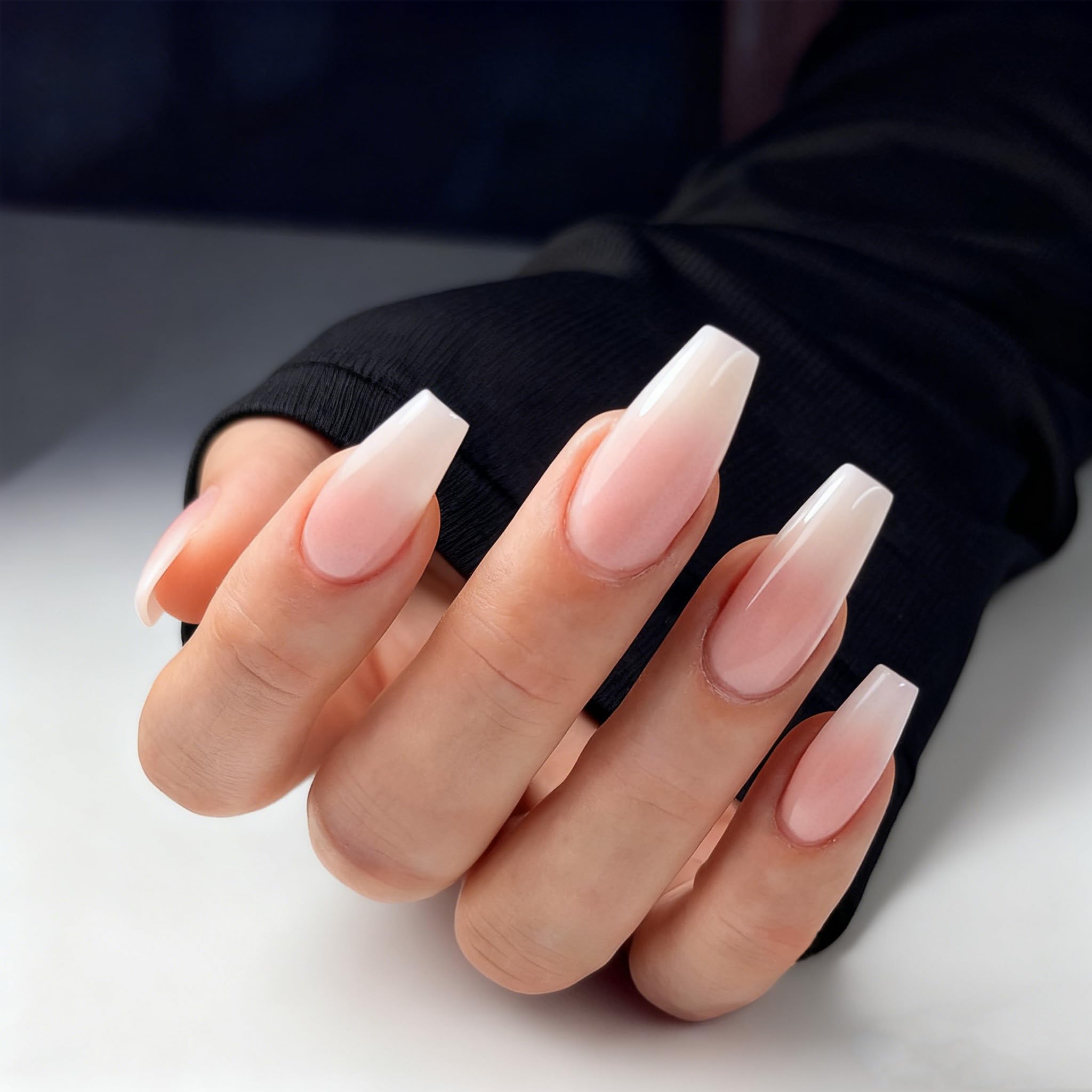 Coolnail Glossy Ombre Pink Nude White French Ballerina Coffin False Nail Gradient Natural Press on Ballet Fake Nails Tips Reusable Wear