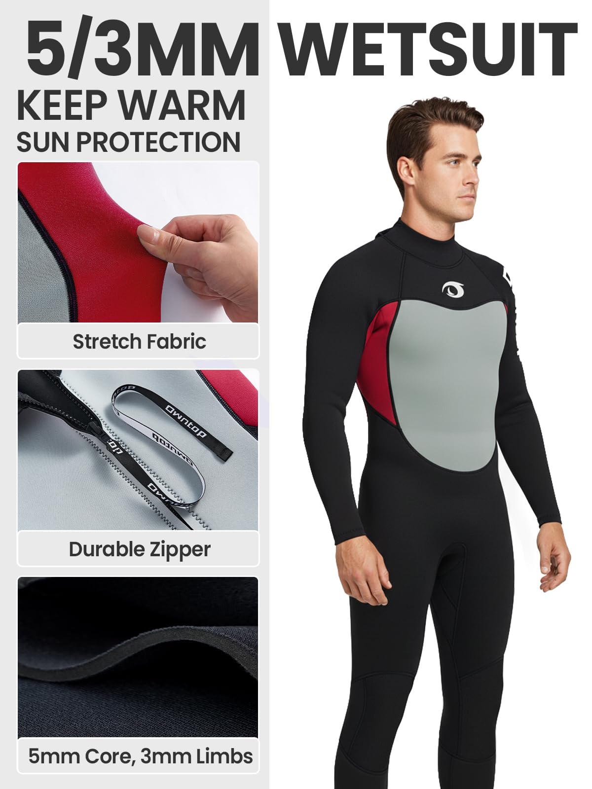 Owntop 5 mm Neoprenanzug für Herren | Winter-Neoprenanzüge in voller Länge | UV50+ Sonnenschutz | warmer Neoprenanzug | 5/3 mm Reißverschluss hinten