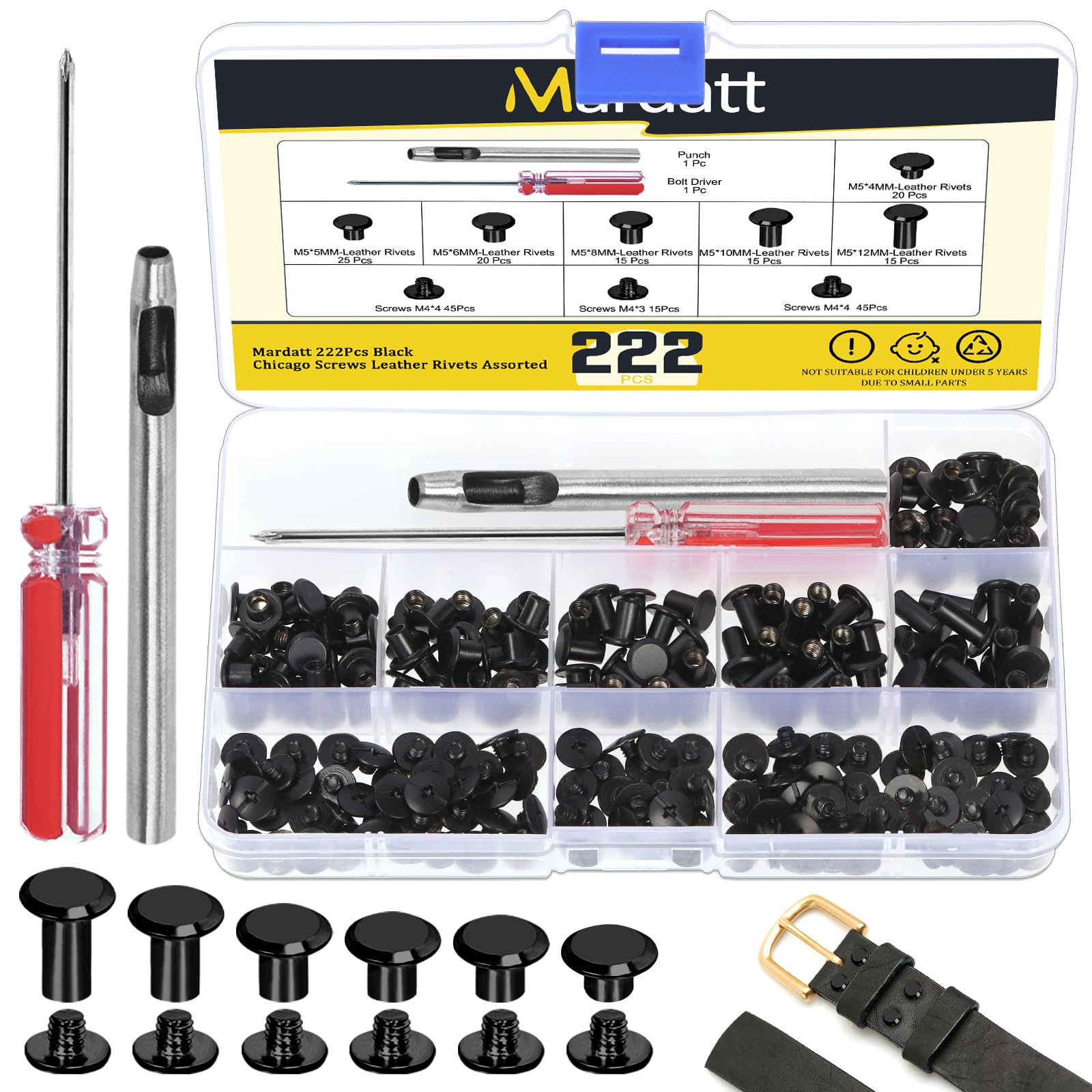 222Pcs 6 Sizes Chicago Screws Assorted Kit with Setting Tools, M5 X 4/5/6/8/10/12MM Leather Rivets M5 Chicago Binding Screws Rivets for DIY Leather Craft Repair(Black)