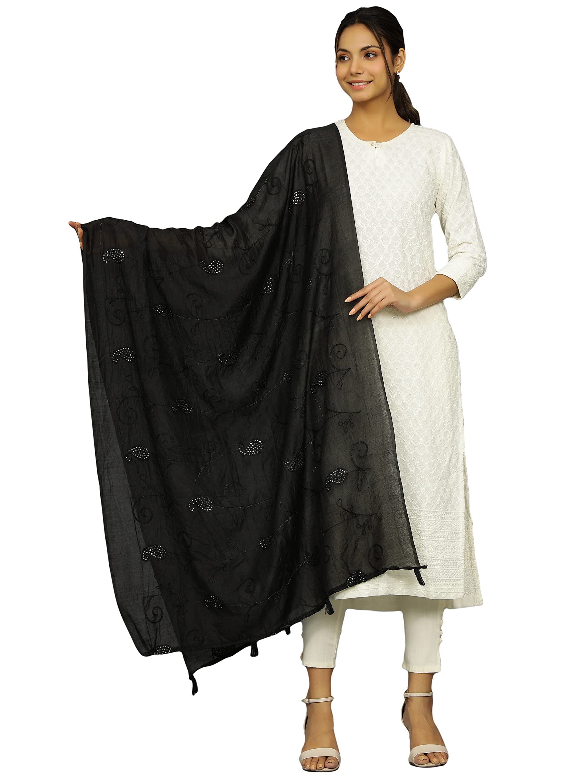 Ravaiyaa - Attitude is everything Handmade Sequence Paisley Decor Long Scarf Women Design Embroidery Dupatta 34x84 Inch (Black)-image-37