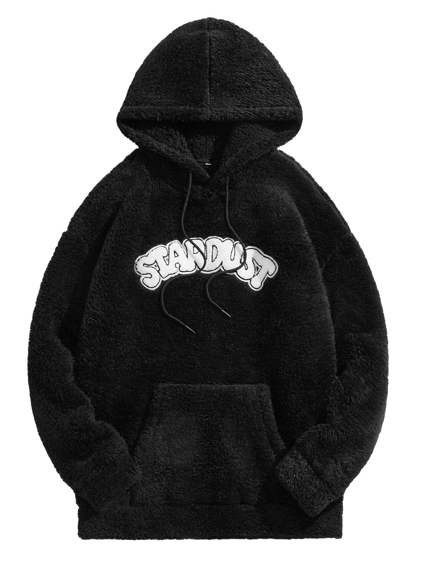 GORGLITTERMen's Letter Embroidery Flannel Hoodie Drop Shoulder Long Sleeve Drawstring Hooded Sweatshirt Pullover Top