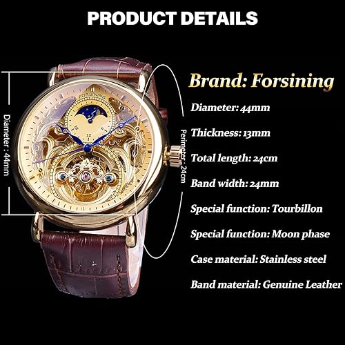 Miniatura 6 de FORSINING Reloj de lujo para hombre con fase lunar y tourbillon, reloj de pulsera mecánico de cuerda automática con esqueleto retro, correa de