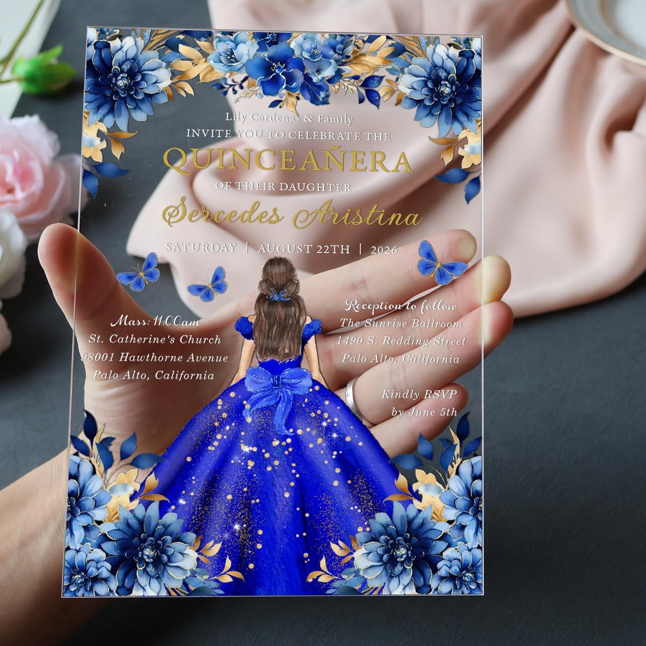 Hosmsua 20Pcs Quinceanera Acrylic Invitation with Floral Royal Blue Butterfly Princess, Personalized 5x7 Invitation Cards with Envelopes for Sweet 16, XV Anos, 15 Anos, Spanish Mexican Design