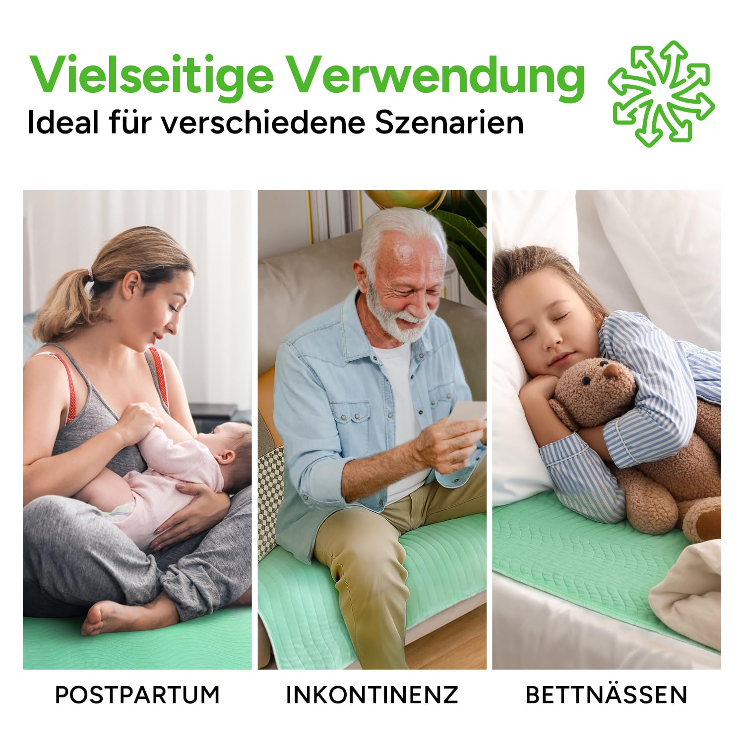 WhyWorry Inkontinenzunterlage Waschbar 86 x 91 cm Matratzenschutz, Wasserdichte Matratzenauflage Bett Inkontinenzauflage für Erwachsene und Kinder, nässeschutz Inkontinenz Bettunterlage, Grün, 4 Stück