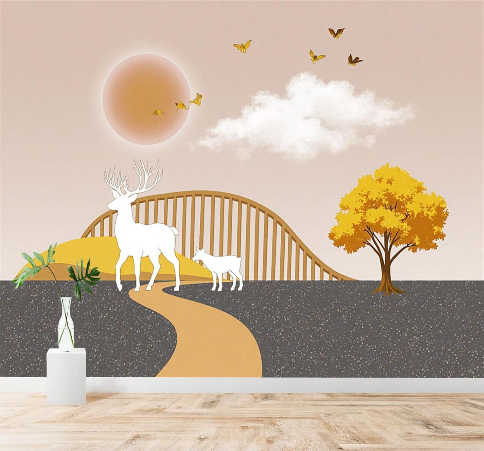 XLMING Golden Tree White Deer Bridge Sunset Landscape 3D Wallpaper Silky Texture Home Study Office Grey Dining Room Sofa Bedroom Living Room TV Backdrop-200cm×140cm