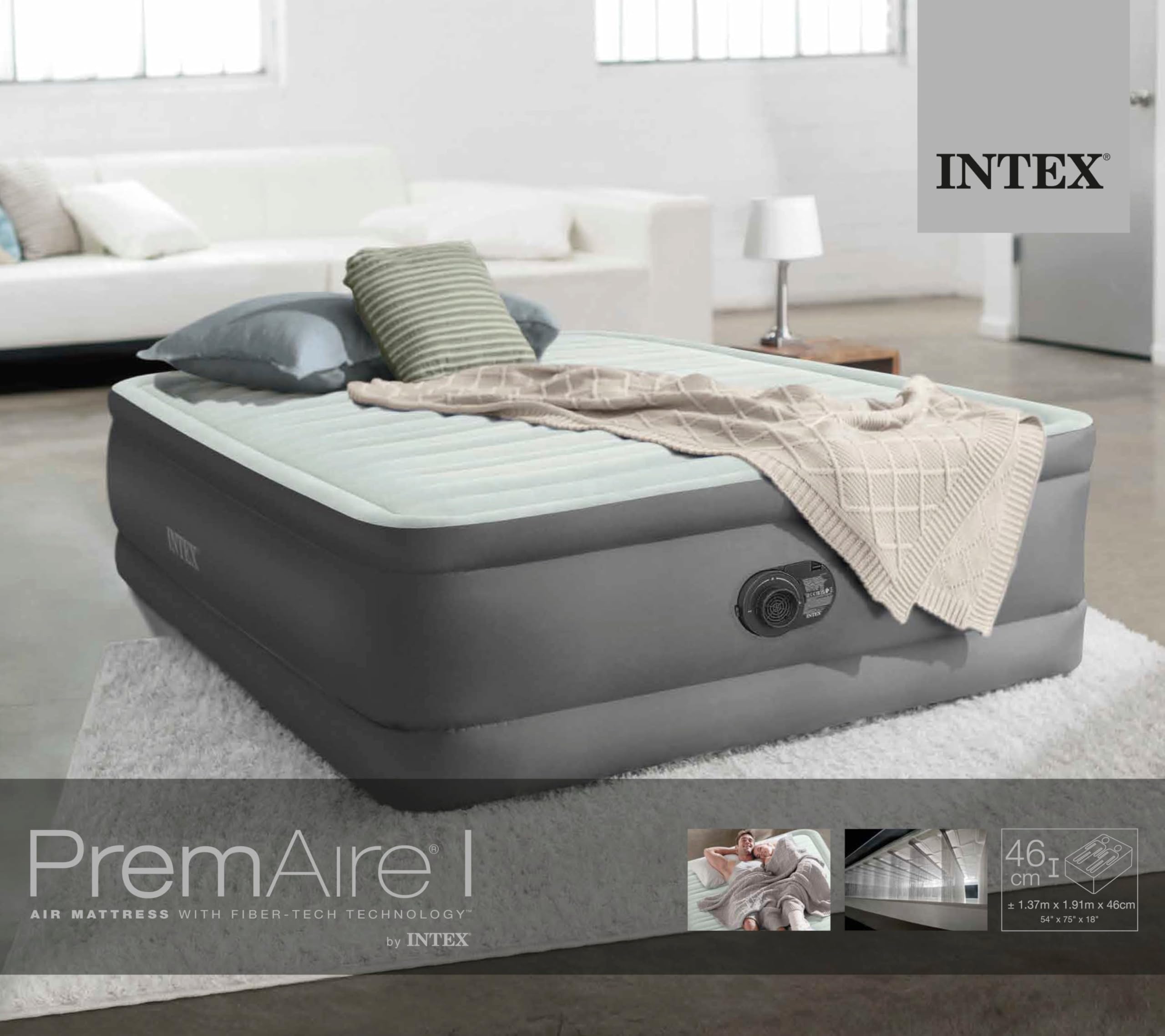 Intex 64904ND - Materasso Dura-Beam PremAire Piazza e Mezza Autogonfiante, 137x191x46 cm
