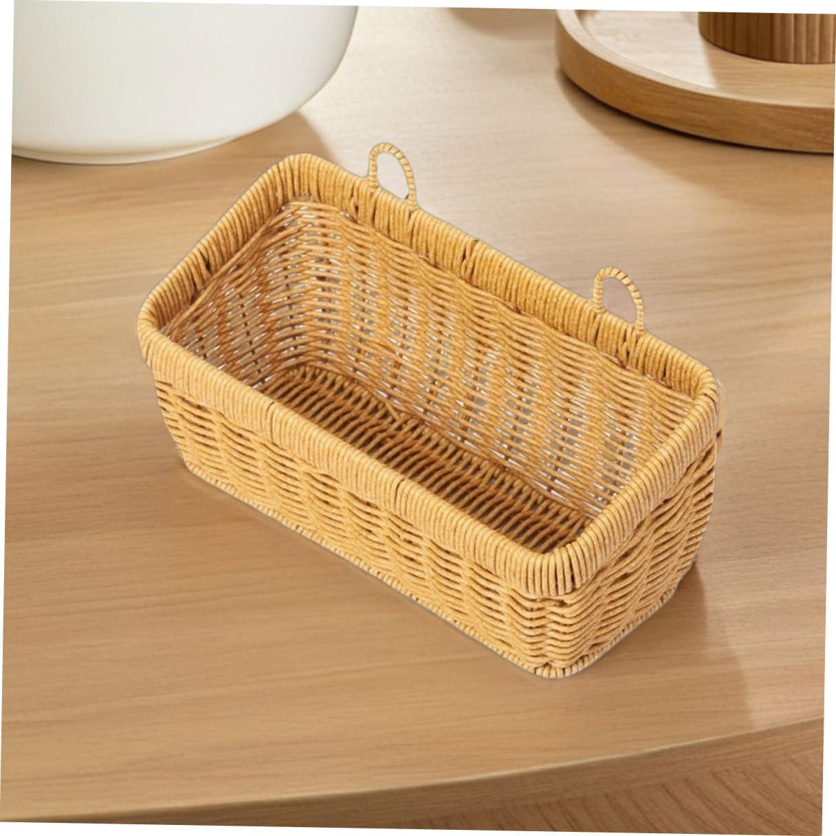 2pcs Hanging Woven Wall Baskets for Kitchen – Fake Rattan Vegetable and Fruit Storage Organizer with Hooks – Multipurpose Space-saving Wall-mounted Basket for Garlic, Onion, Ginger