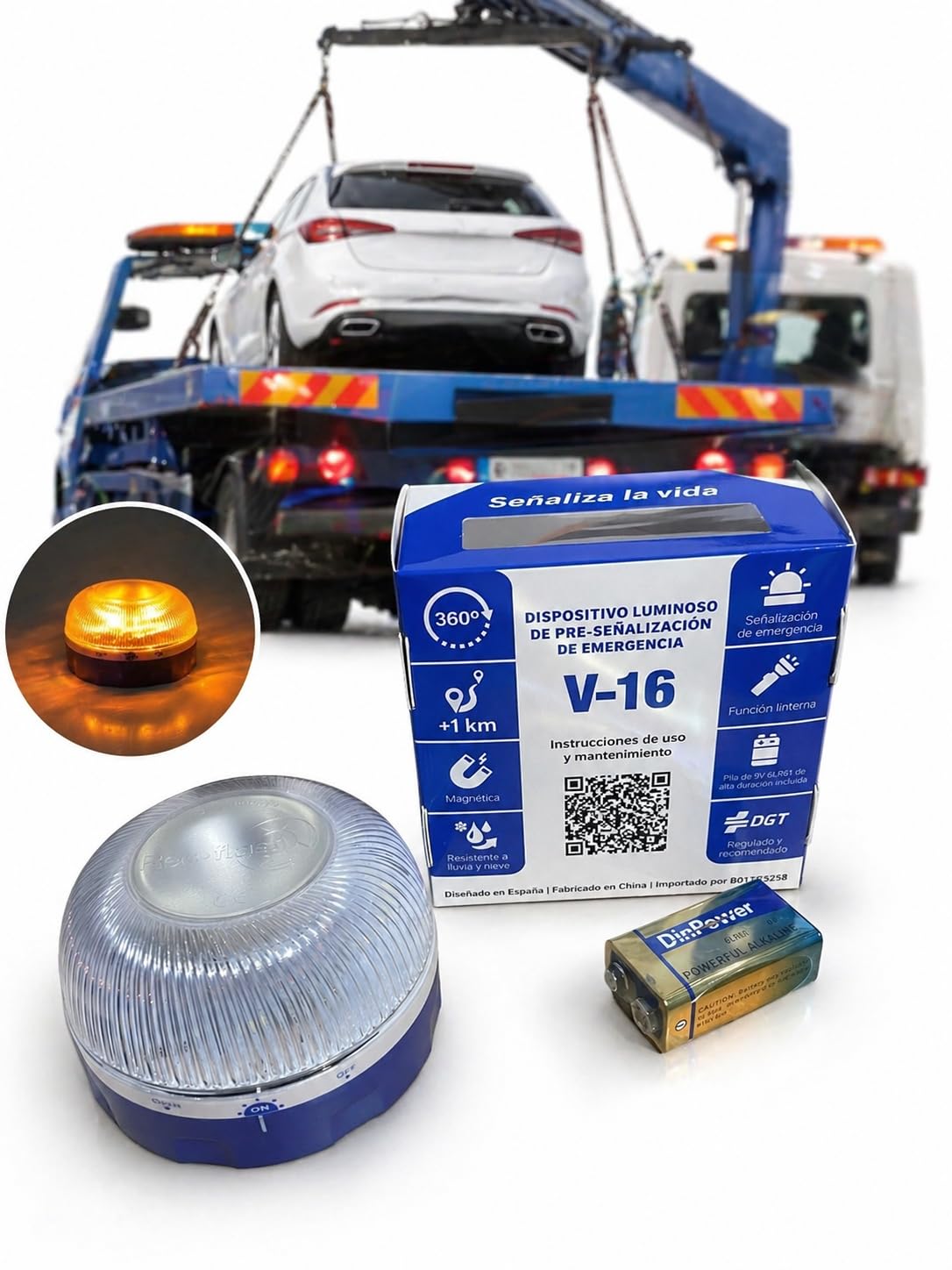 Baliza de Emergencia V-16 homologada – Aprobada por DGT – – Luz LED 360° Alta Visibilidad – Base Magnética – sin geolocalización- Pila Incluida – Sustituye Triángulo-