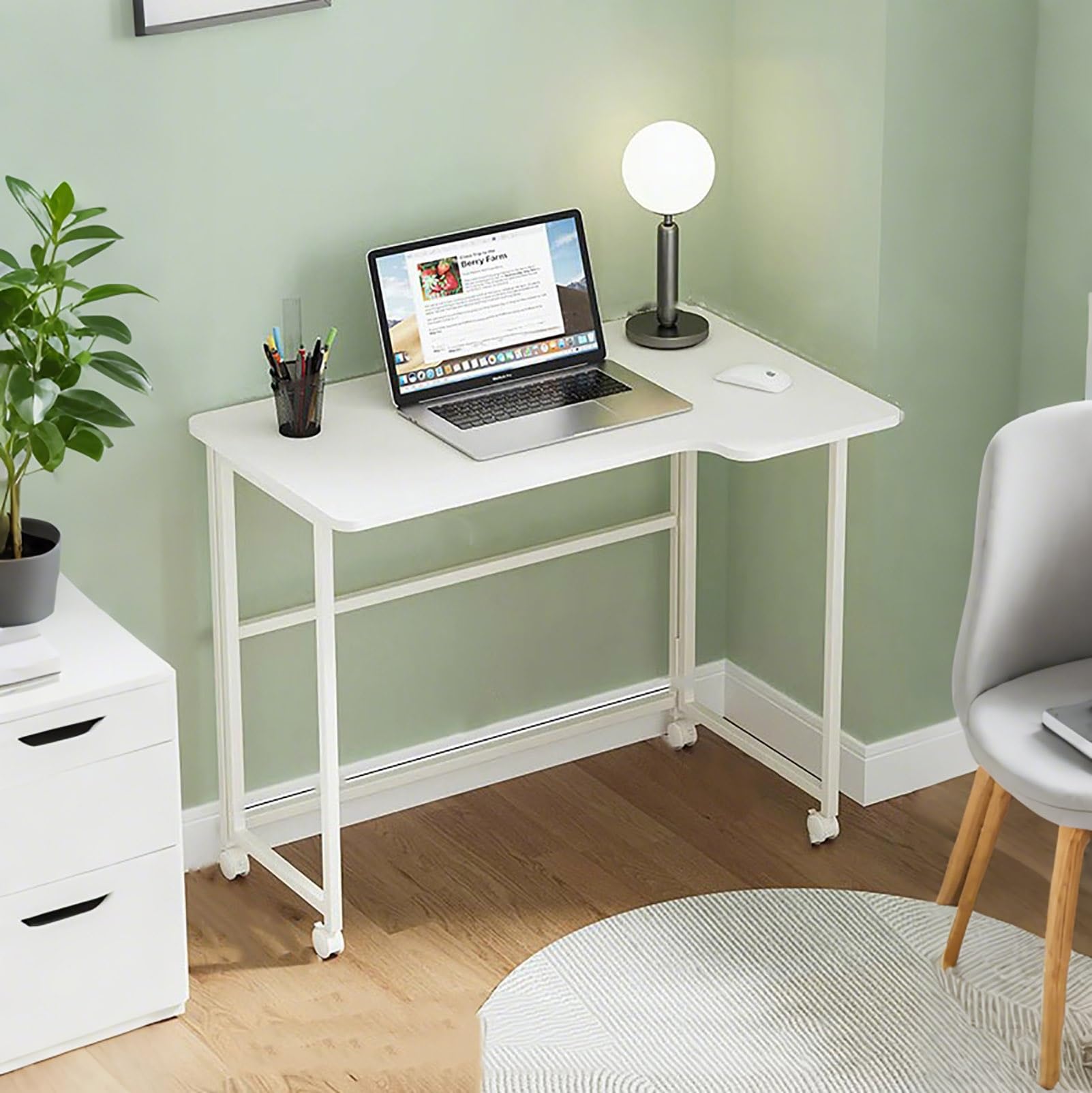 TRAGLO Escritorio pequeño para computadora con Estante de Almacenamiento, Escritorio Plegable para Estudio, Mesa con Carrito para Laptop y Estructura metálica, Ahorra Espacio(Blanco)