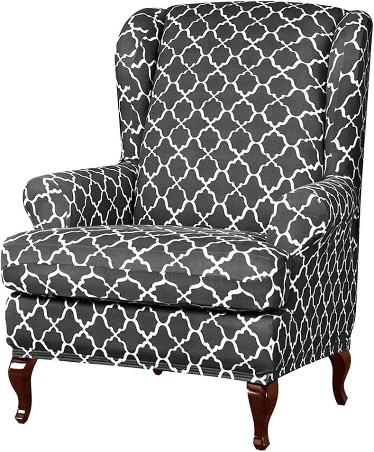 Konsilsa Wingback Chair Covers,Stretch Wingback Armchair Sofa Slipcover 2-Piece Super Soft Fabric Furniture Protector Checks for Living Room Bed Room Hotel Spandex Jacquard (Color : Gray)