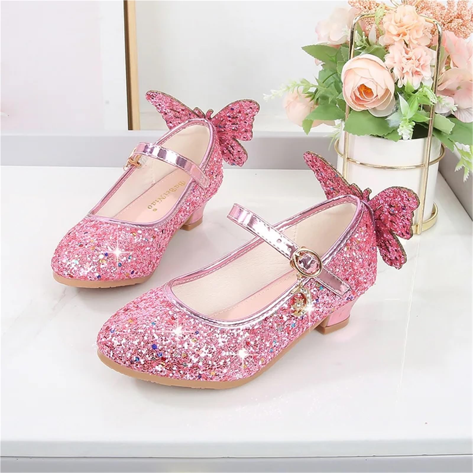 Zapatos de baile con purpurina for niña, de moda, de princesa, mariposa, de cuero, con lazo de diamante, tacón alto, for fiesta(Pink,29)