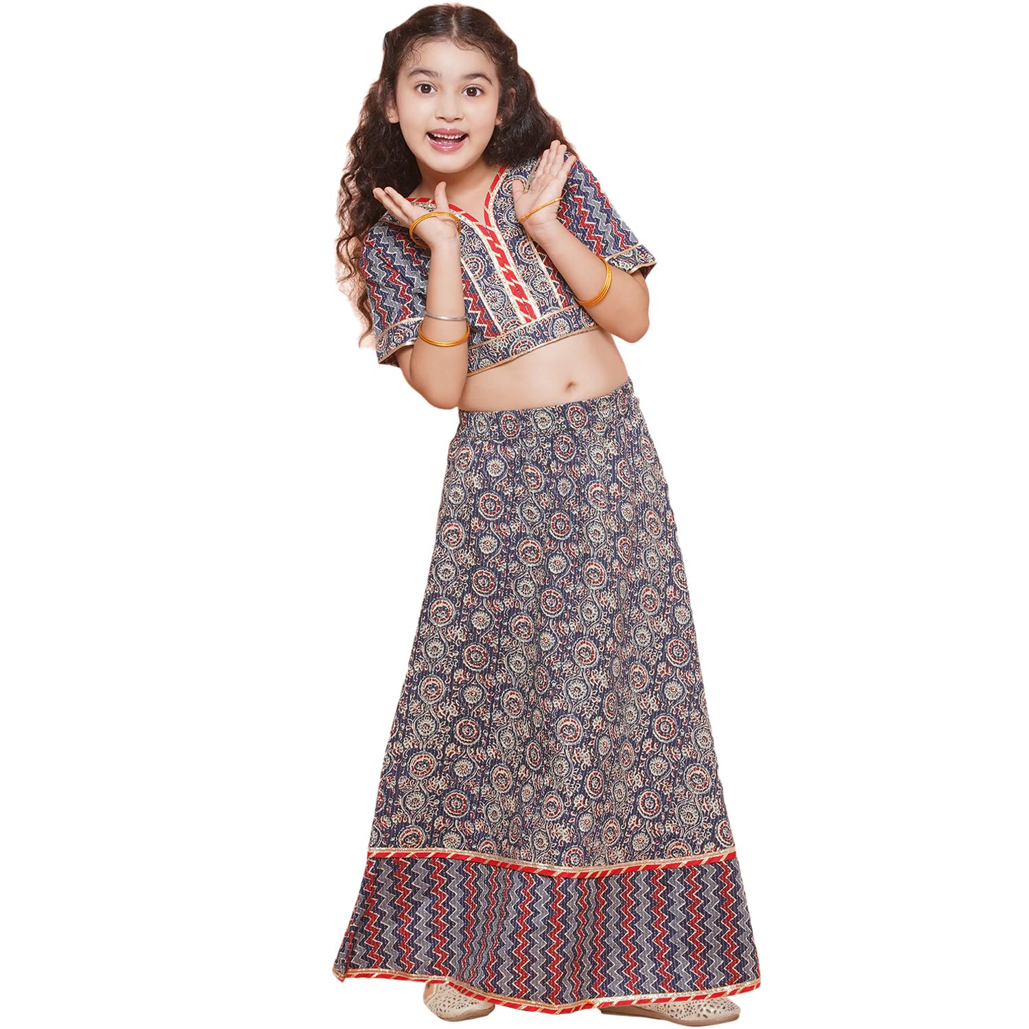 AJ DEZINES Kids Ethnic Wear Cotton Zigzag Printed Lehenga Ghagra Choli Set For Girls