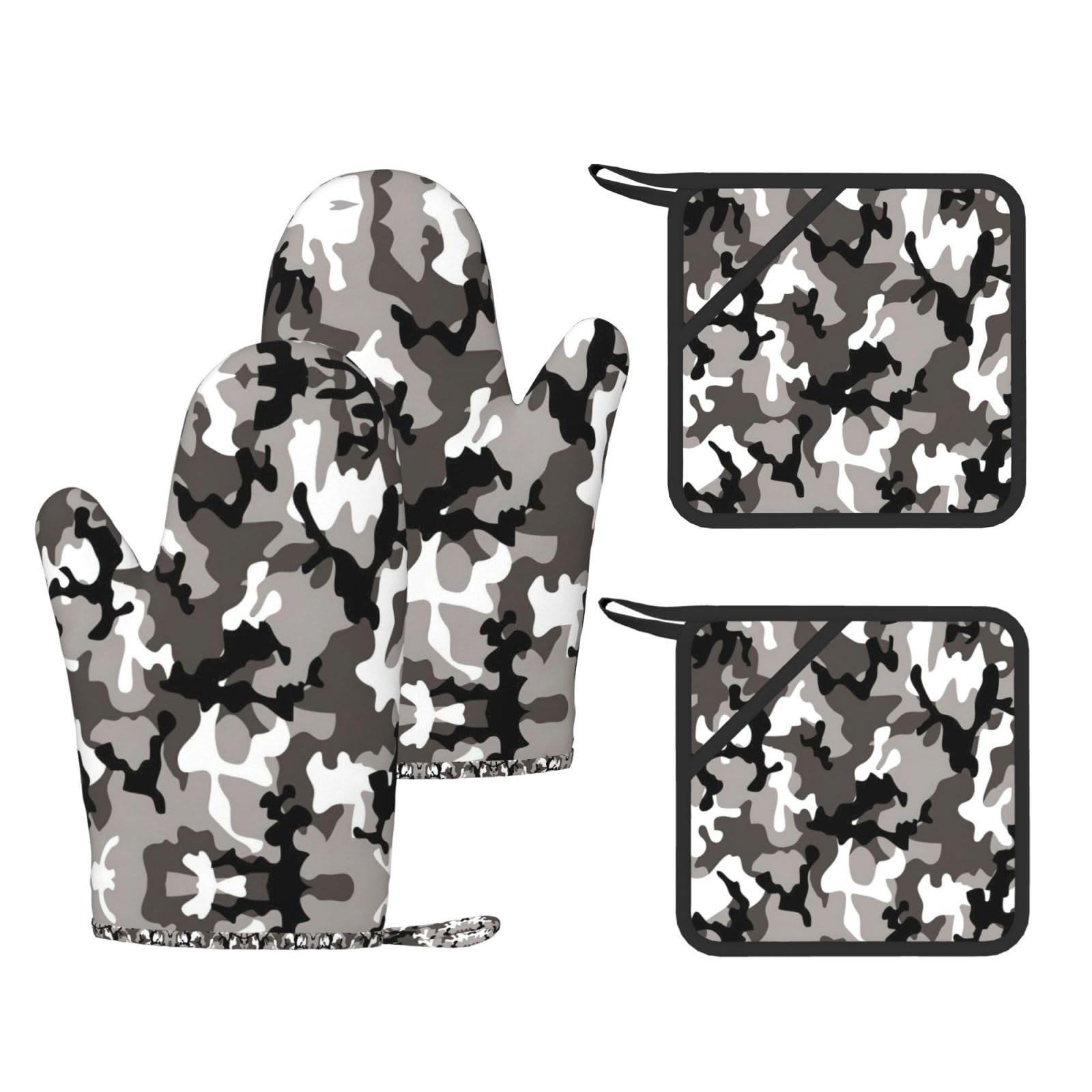 ack Grey White Camo Printed Cooking Mitts and Pot Holders 4 Pcs, Heat Resistant Oven Gloves with Hanging Loop Chef