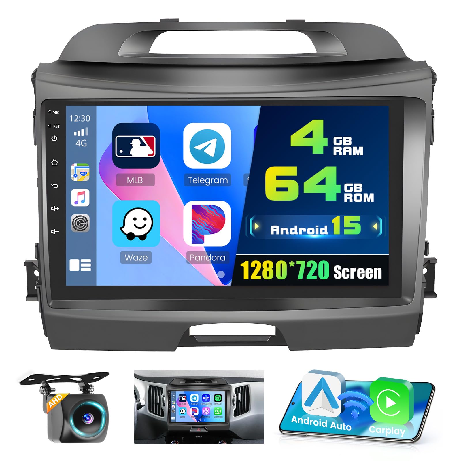 4+64G Android 15 Car Stereo for Kia Sportage 2010-2016,9 inch IPS 1280 * 720 Touch Screen Radio Wireless Apple Carplay Android Auto DSP 5G WiFi