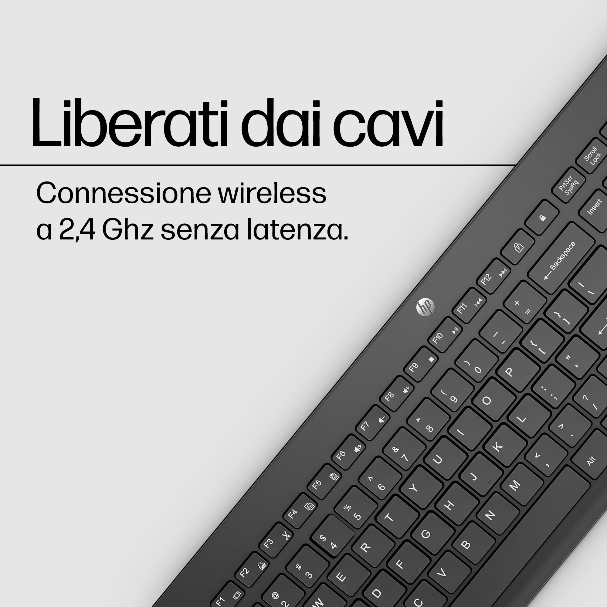 HP 230 Tastiera Wireless, Connessione con Dongle USB-A a 2,4 GHz, Multi-dispositivo, Qwerty, Layout Italiano, Autonomia fino a 16 mesi, Compatibile con Windows 10, 11 e macOS, Nera