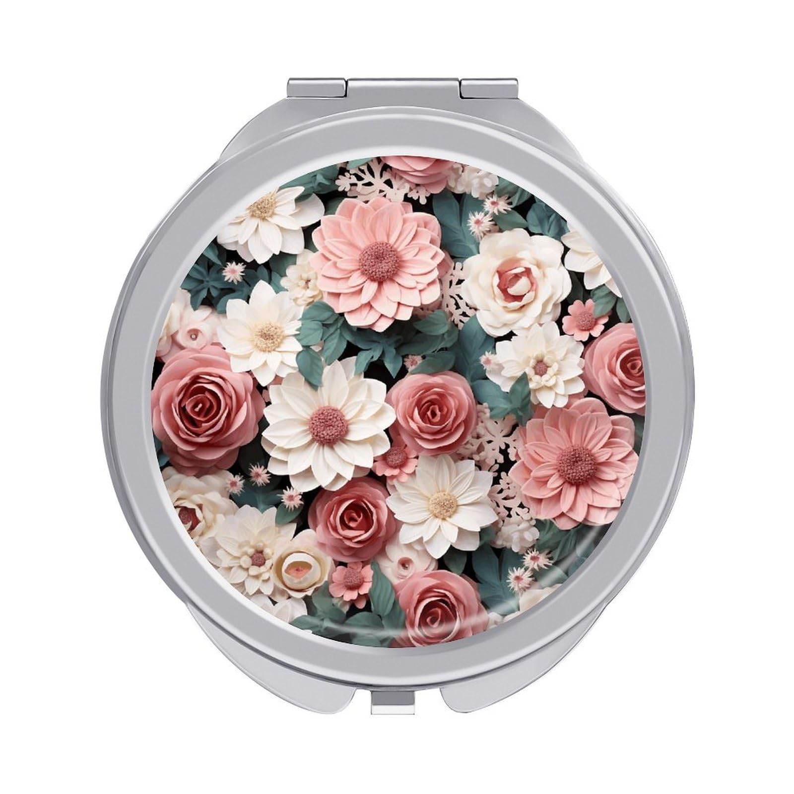 VstaDank Flowers with Pink and Green Leaves Travel Makeup Mirror Cute Compact Mirror for Women 1X/2X Magnifying Metal Pocket Makeup Mirrors Folding Round Makeup Mirrors for Handbag Wallet & Gift