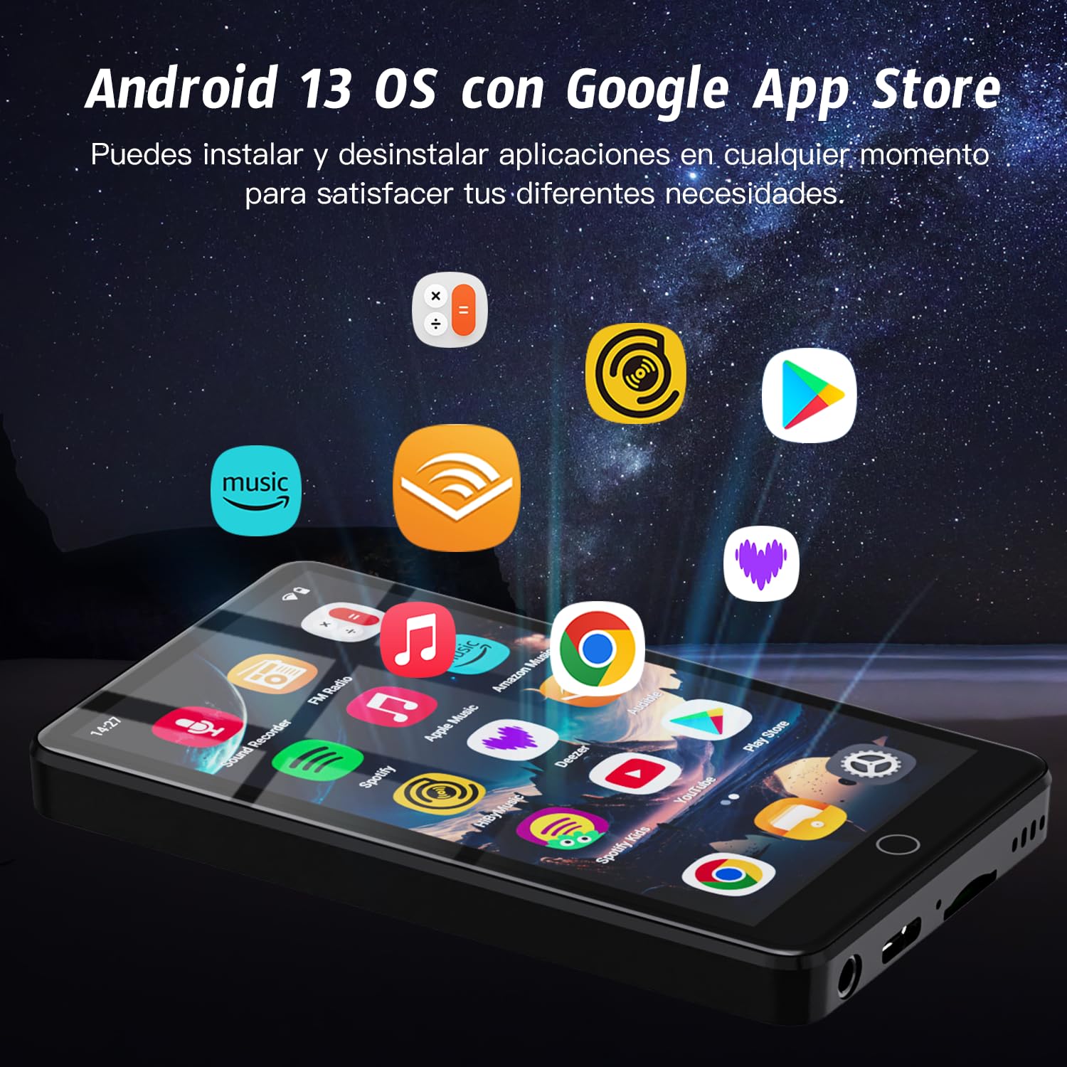 96GB MP3 Player con Bluetooth y WiFi, 4.02" IPS HD MP4 Player con Altavoces, Reproductor de música para niños con Android 13 OS, Android MP4 MP3 Player con Control Parental, Play