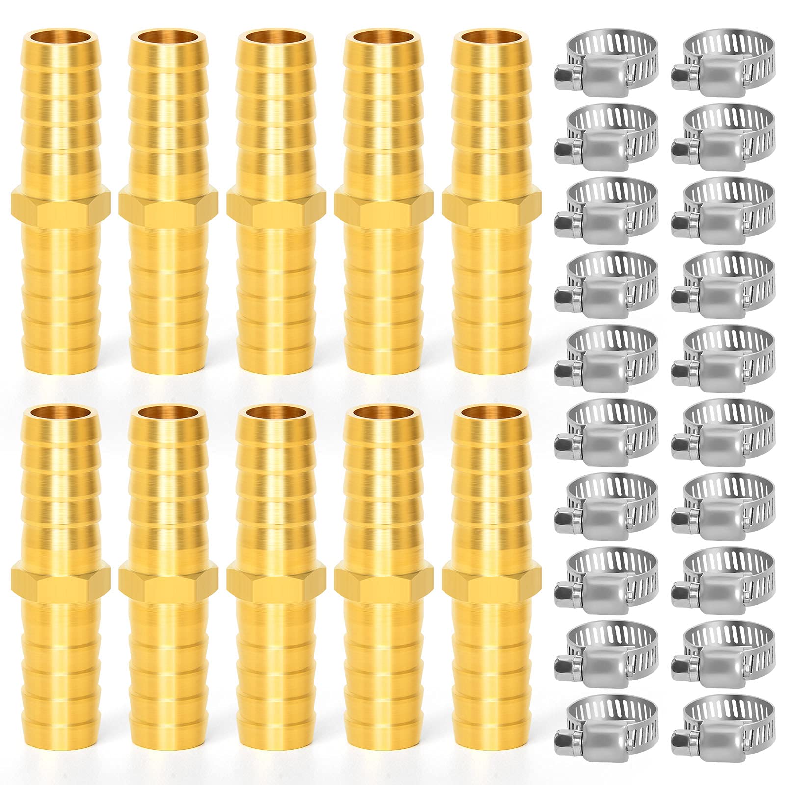 TAISHER2 Pieces Brass Hose Barb Reducer, 1/2 Inch to 1/2 Inch Barb Hose ID with 4 Hose Clamp, Brass Barb Reducer SPLICER Fitting