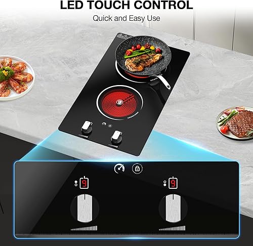 Miniatura 6 de Placa eléctrica de 2 quemadores, placa de cocina eléctrica de 2100 W, quemador de encimera de 12 pulgadas y estufa integrada, 9 niveles de potencia,