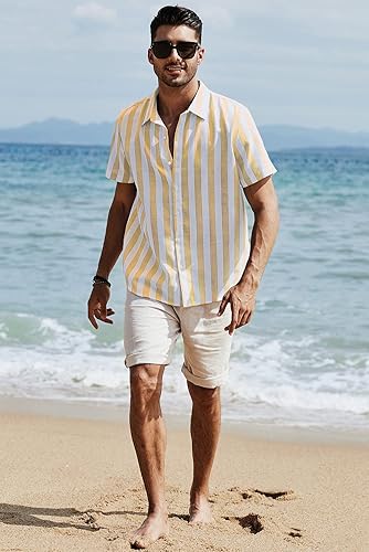 Miniatura 227 de JMIERR Camisas de vestir a rayas con botones y manga corta para hombre