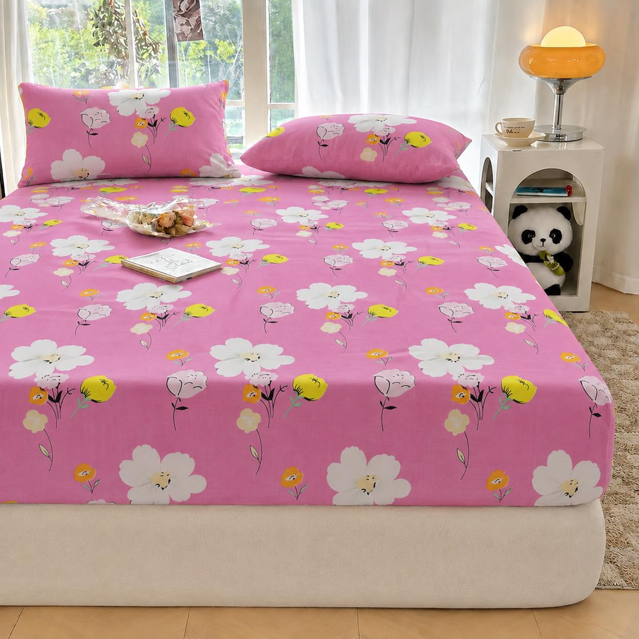 VOMZER Premium 320 TC Fitted Bed Sheet with All Around Full Elastic - Deep Pocket Design - Wrinkle Resistant Fitted Bedsheet Size 60x78 Queen (Pink White Flower)