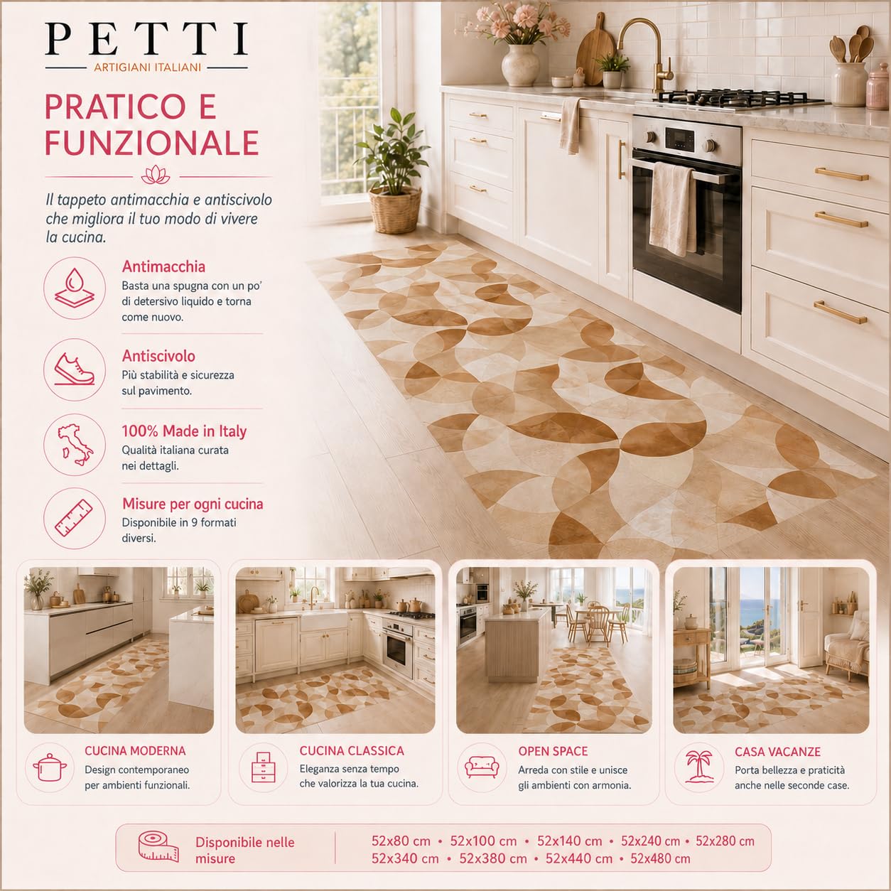 Petti Artigiani Italiani - Tapis antidérapant et Lavable, 50 x 340 cm, Motif Geo Delta, Bleu Ciel, 100% fabriqué en Italie