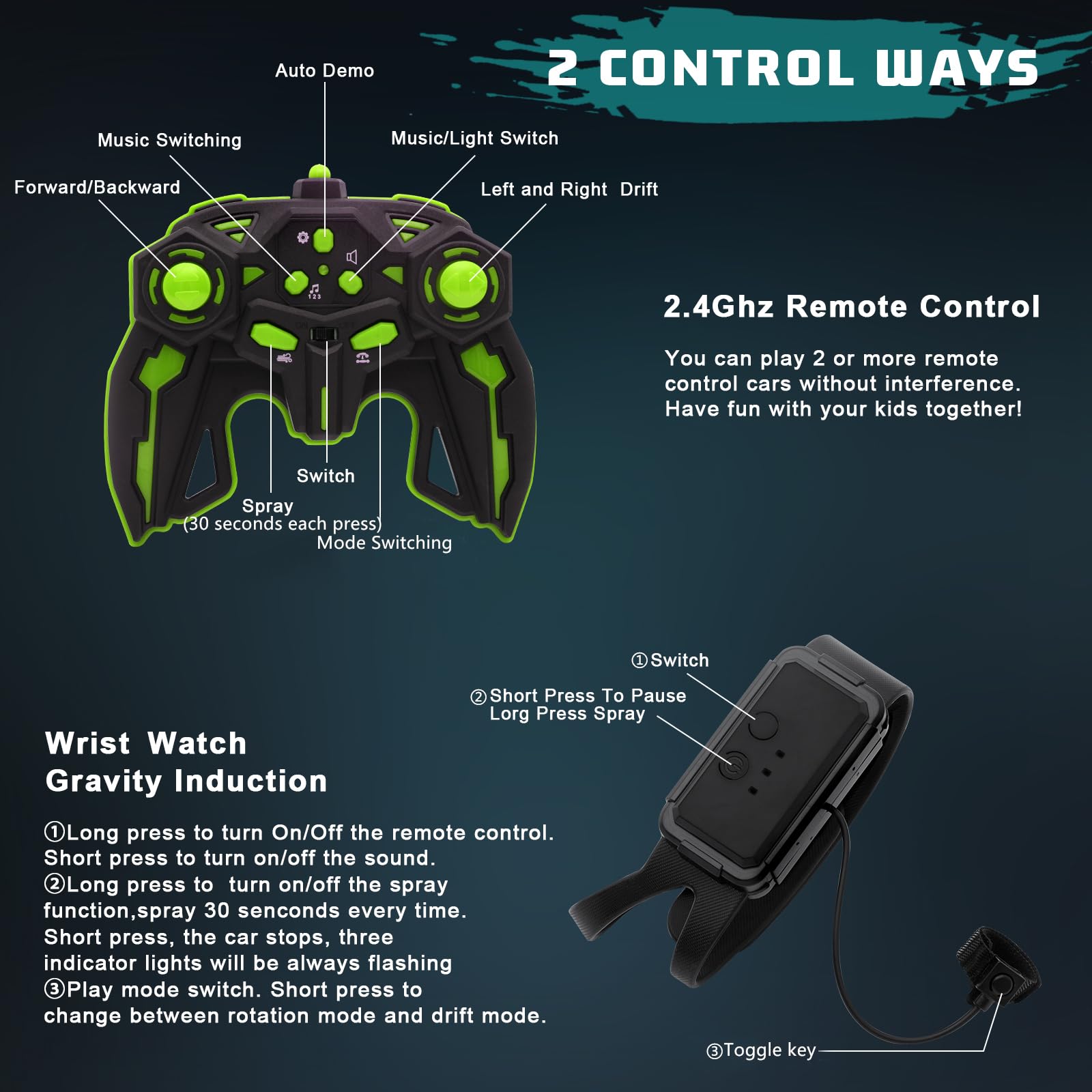 Yellcetoy Macchina Telecomandata con Musica e Luce, 2.4GHz 4WD Auto Telecomandata Spray Drift Car RC Stunt Car Regalo per Bambini 6 7 8 9 10 11 12 anni Verde