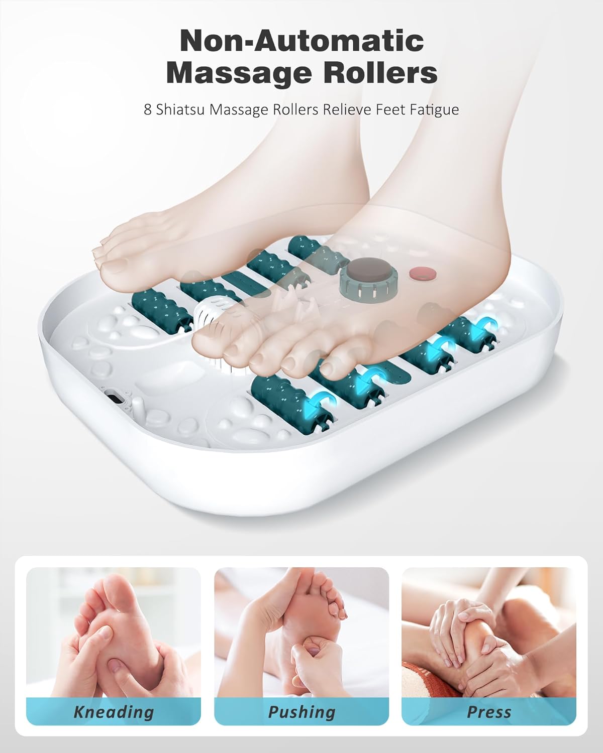 Diagram showing foot placement over non-automatic massage rollers in the foot spa.