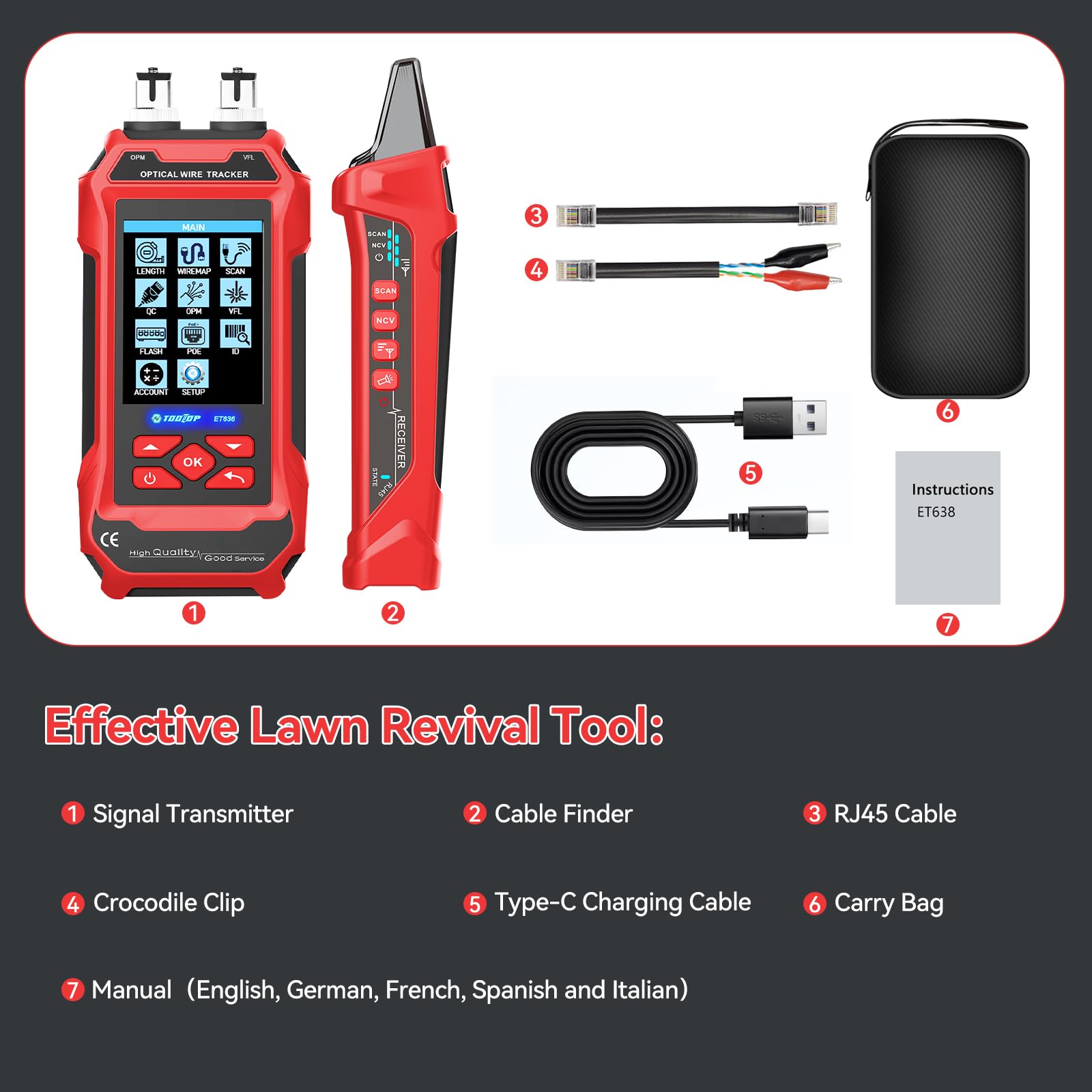 Tester per cavi di rete RJ45/RJ11/BNC – Misurazione lunghezza, rilevamento guasti, PING, PoE, tracciamento tono, display LCD multifunzione