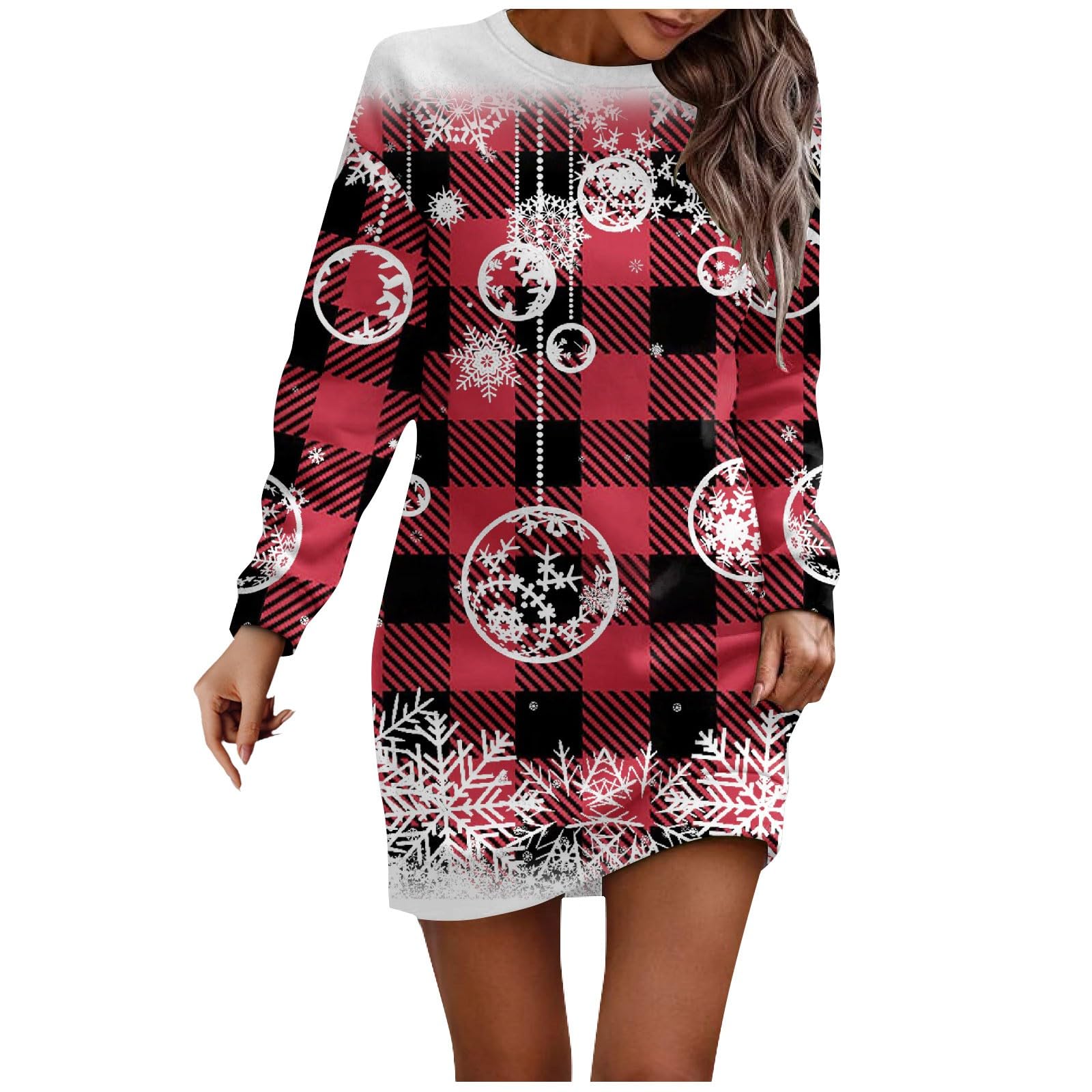 UQRZAU Women's Christmas Party Dresses Long Sleeve Dress Casual Printed Pullover Hip Pack Dress Sweater, S-3XL