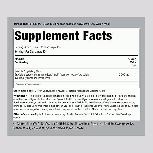 Miniatura 2 de Piping Rock Graviola - Cápsulas de guanábana | 2000 mg | 120 unidades | Suplemento de hojas | Extracto concentrado de frutas de hierbas | Sin OMG,
