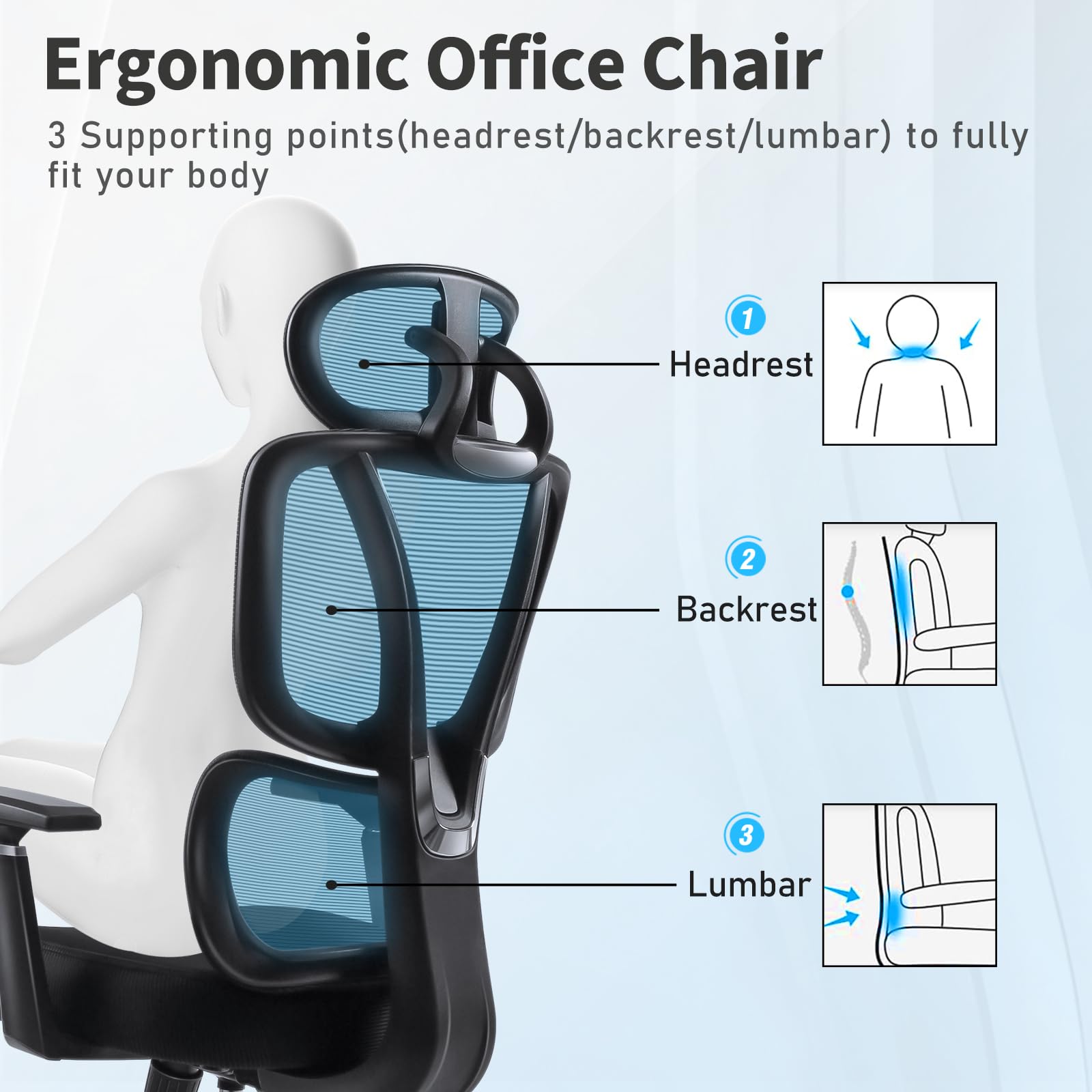 Ergonomiczne Krzesło Biurowe z podłokietnikiem 3D, Krzesło Biurowe z Wysokim Oparciem Regulowanym do Odpowiedni Domowe Obciążenie Do 150 kg Czarny