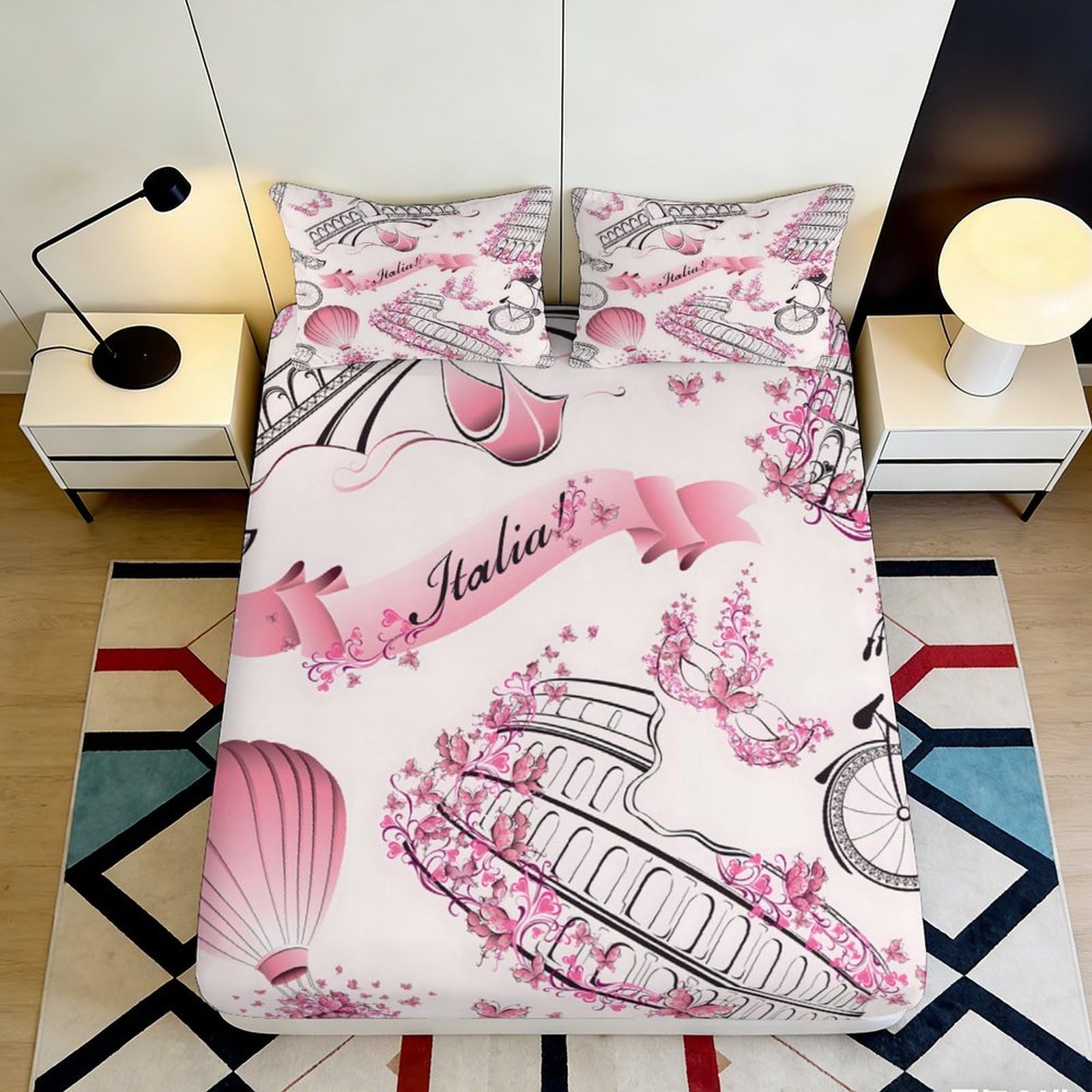 3D Printed Italia Landmark Fitted Sheet Microfiber Pink Blossom Bicycle Bed Cover for Bedroom Dorm Décor Protection 90x200x25cm