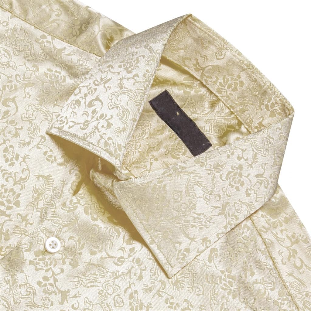 Men Silk Satin Long Sleeve Gold Yellow Flower Male Blouses Casual Lapel Tops Breathable