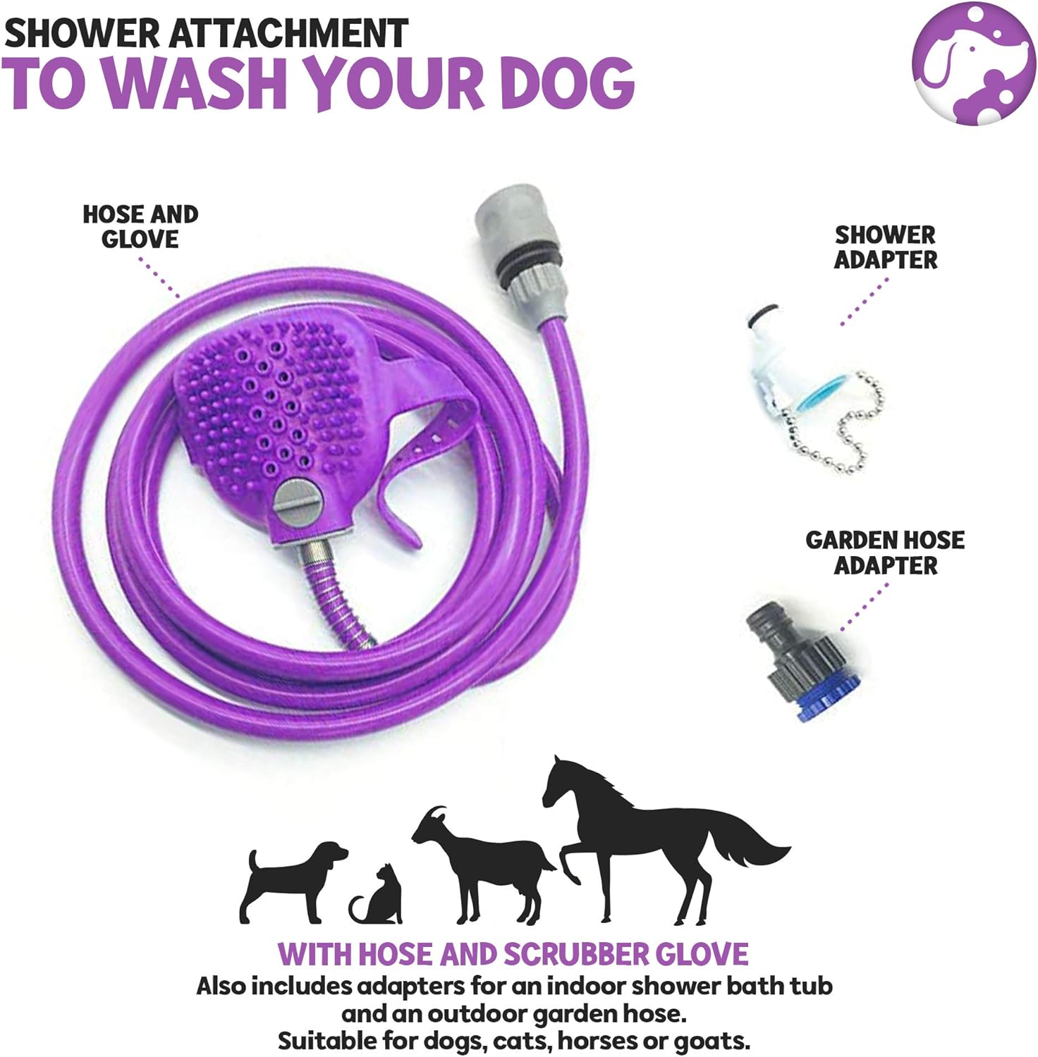 Poodlie Shower Attachment to Wash Your Dog - with Hose and Scrubber Glove - Indoor and Outdoor Adapters - Shower Sprayer for Pet and Horse Grooming