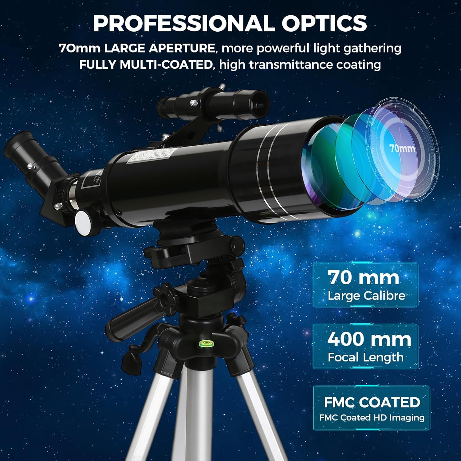 Cowiewie Telescopio refractor telescopio para niños y principiantes, telescopios para adultos, astronomía, apertura de 70 mm, 400 mm, compacto y portátil, viaje con mochila, ver la luna, planetas