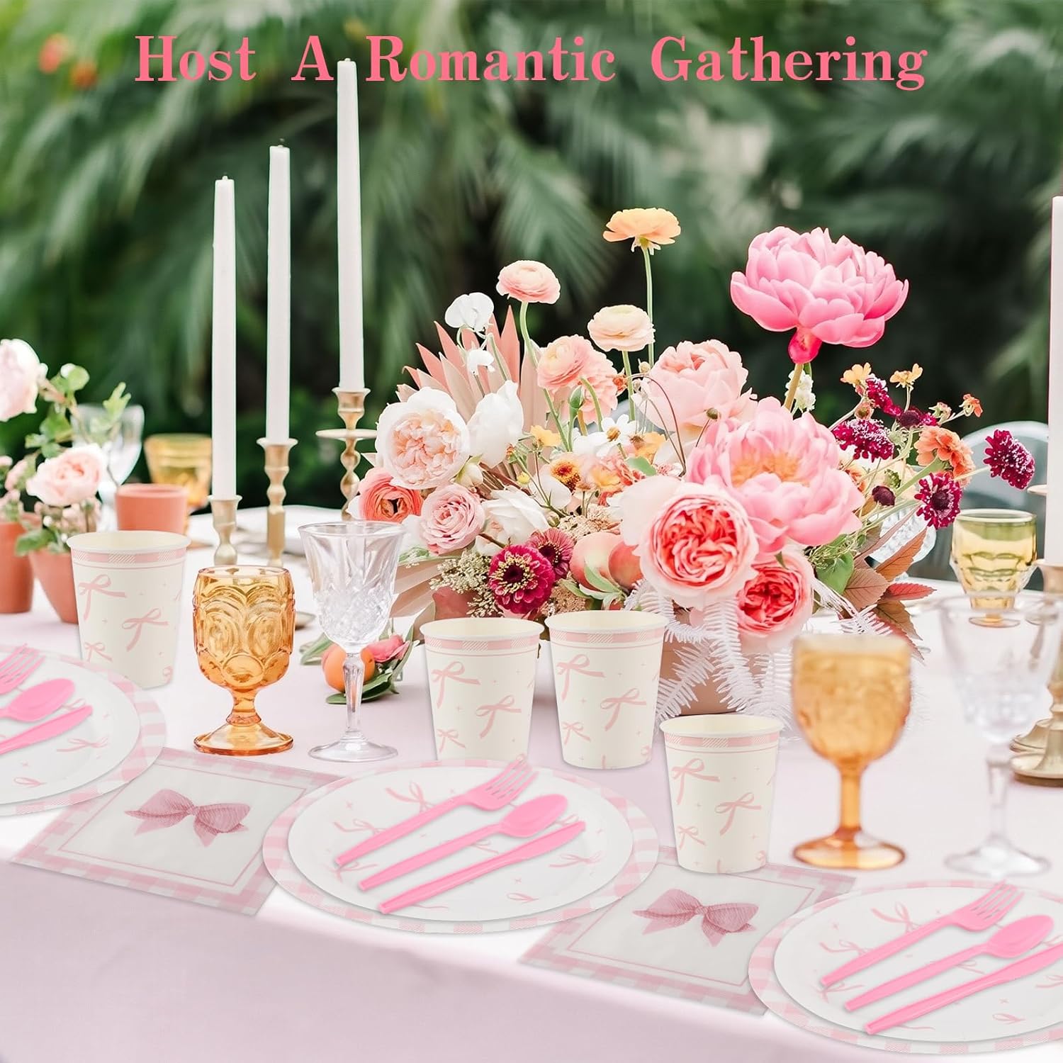 210PCS Pink Bow Birthday Party Supplies,Conquette Birthday Party Plates Napkins Cups Forks Spoons Knives Tableware Sets for Girl Bachelorette Bridal Engagement Decoration,Serves 30