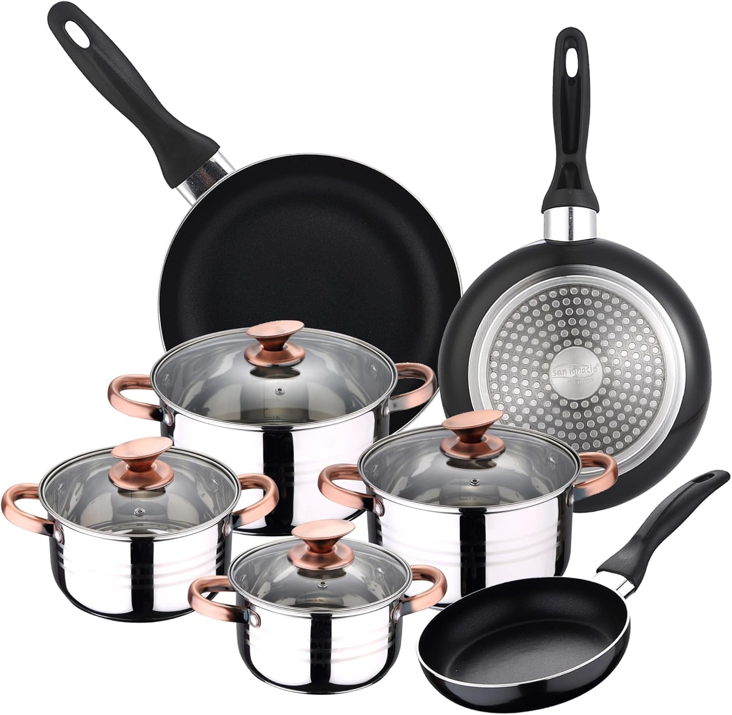 San Ignacio Pk1171 Set of 8 Premium Cookware and Set of 3 Frying Pans - Chrome