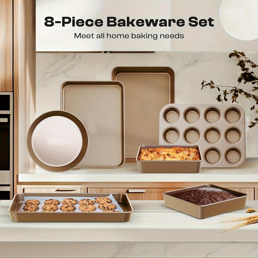 NYSDM 8 Pezzi Set da Forno in Acciaio al Carbonio Dorato teglie antiaderenti per Dolci e Biscotti Accessori Adatti al Forno Natale Ringraziamento Halloween