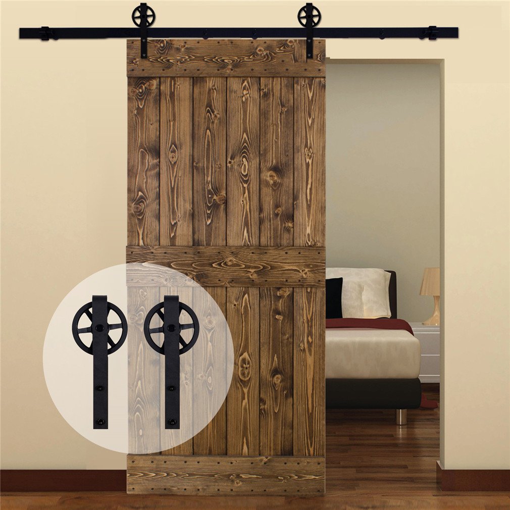CCJH 7.5FT/224cm Rail Porte Coulissante Quincaillerie Kit Avec Guide au Sol Réglable - Industriel Big Spoke Wheel Forme J -Pour porte simple