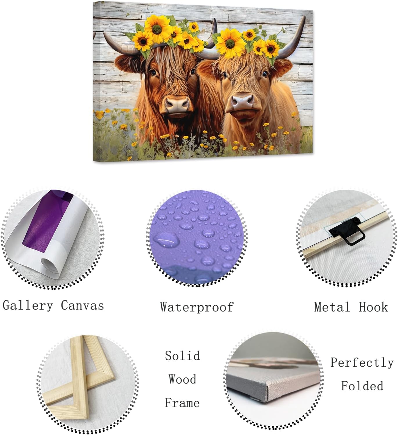 ZXHYWYM Highland Cow Couple Canvas Wall Art Cute Cattle with Sunflower Poster Prints Western Animals Pictures for Country Kitchen Bathroom Decor Framed(2, (12.00" x 18.00"))