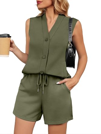 Casly Lamiit Two Piece Sets for Women 2026 Summer Sleeveless Button Down Vest Short Sets Vacation Travel Outfits