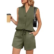 Casly Lamiit Two Piece Sets for Women 2026 Summer Sleeveless Button Down Vest Short Sets Vacation Travel Outfits