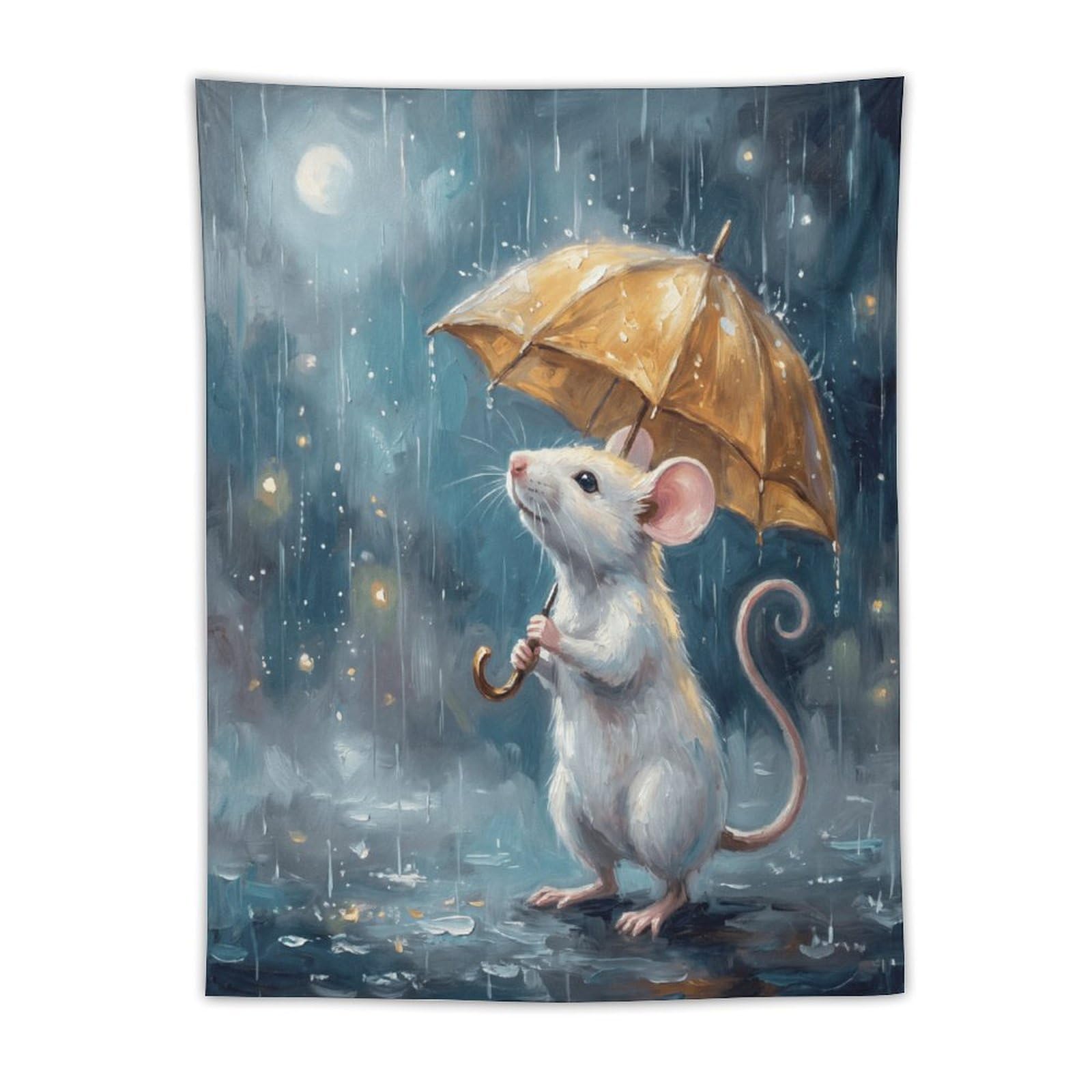 H3B8U2Y5 Umbrella Mouse Night Wall Tapestry, Naive Art, Whimsical Storybook