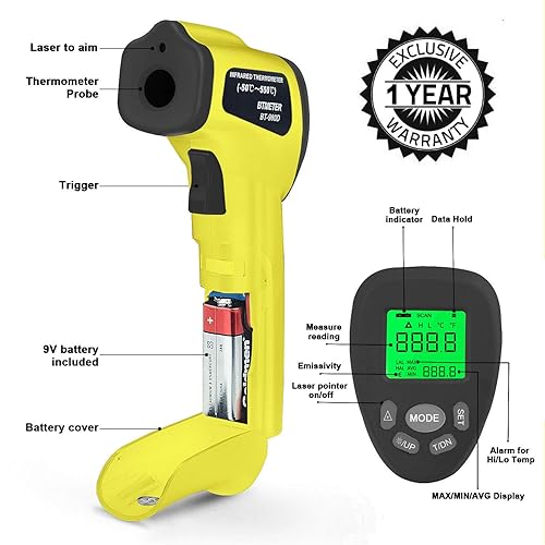 Miniatura 3 de BTMETER BT-980D DS - Termómetro infrarrojo industrial de mano 121, pistola de temperatura láser digital sin contacto para -58 a 1022 (-58.0 F