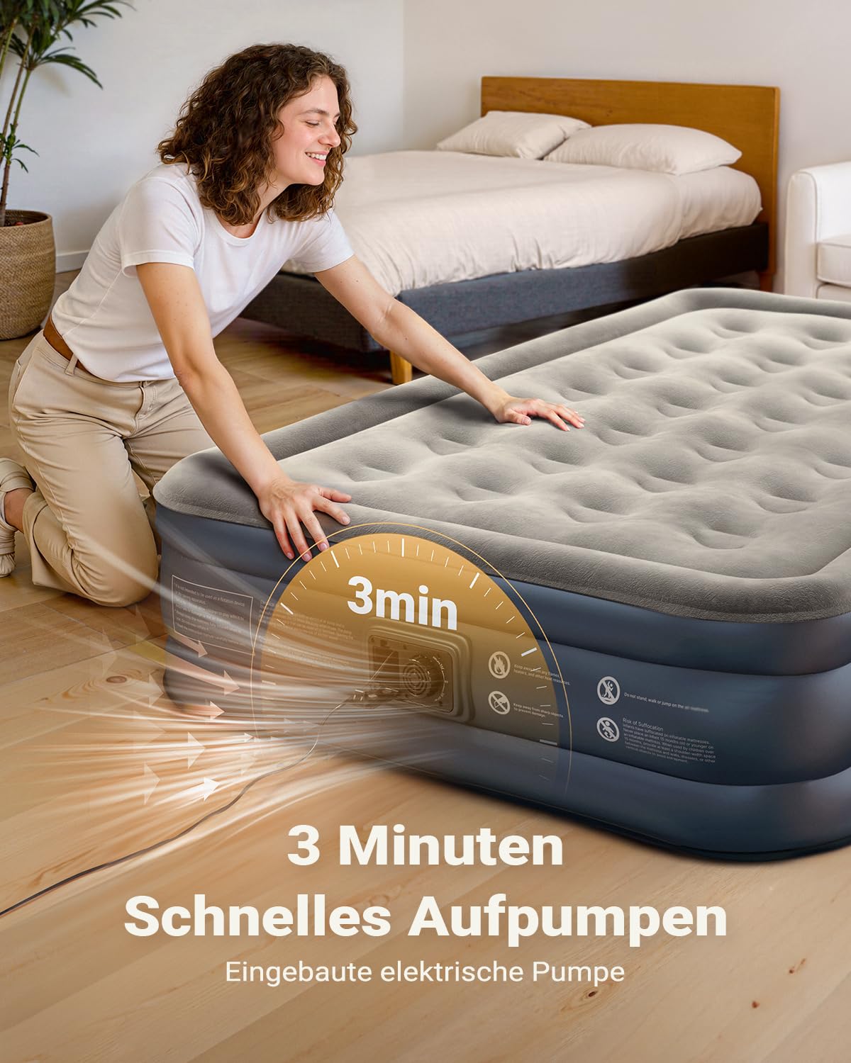 iDOO Komfortable Luftbett 2 Personen, Schnell Aufblasbar in 3 Minuten | Luftmatratze mit integrierter Pumpe, Flockgewebe, Durchstoßfest Material, Gästebett für Zuhause & Camping - 137x190x46cm
