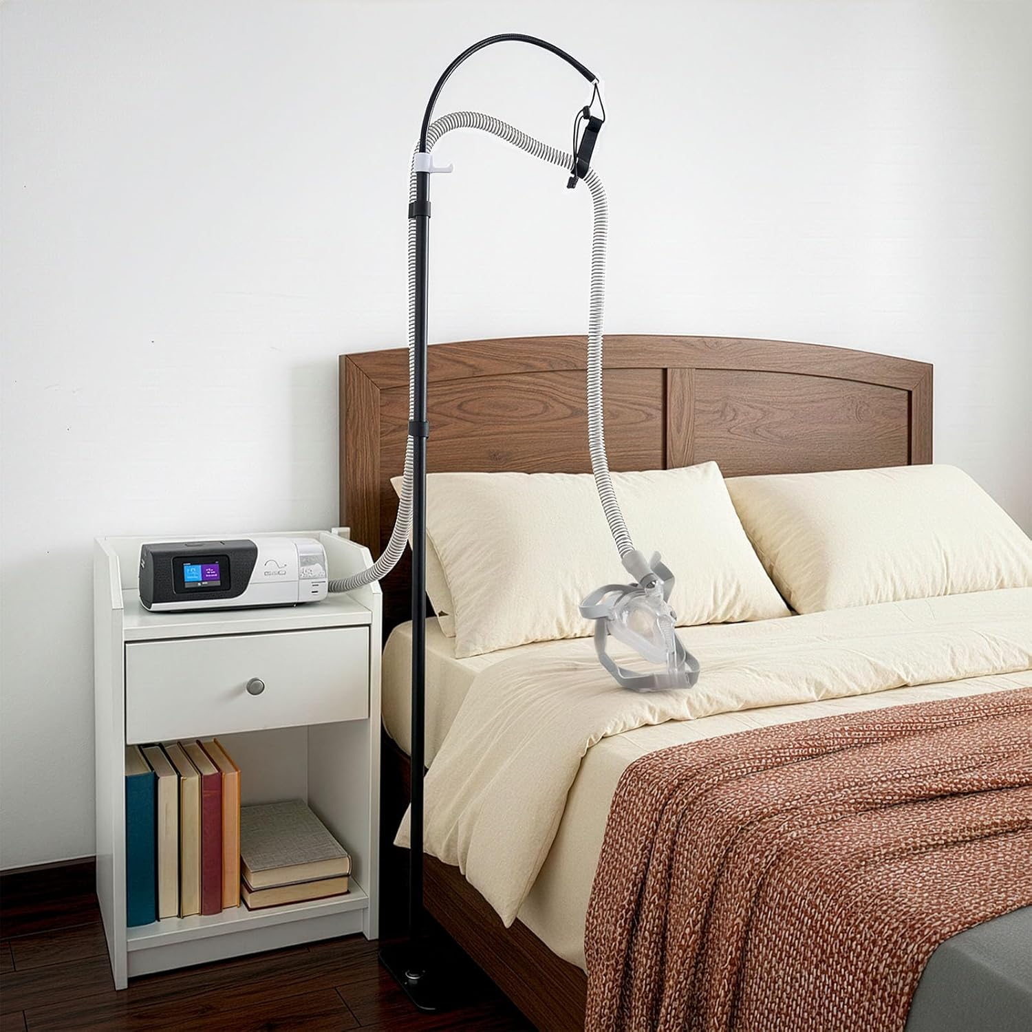 CPAP Hose Holder Stand for Improving Sleep Comfort- Customizable Height & Position for All Bed Heights, Includes Mask Hook & Tube Straps, Prevents Hose Pulling & Tangling