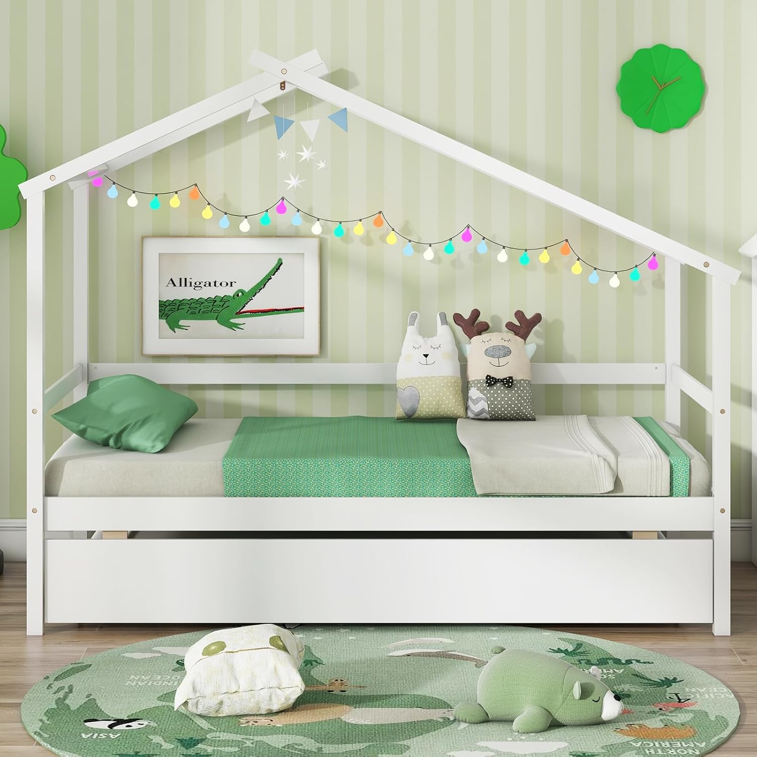 KOMFOTT Twin Size House Bed with Trundle, Wood House Trundle Bed Frame with Roof & Fence Rails, Wooden Platform Bed Frame for Kids, No Box Spring Required (White)